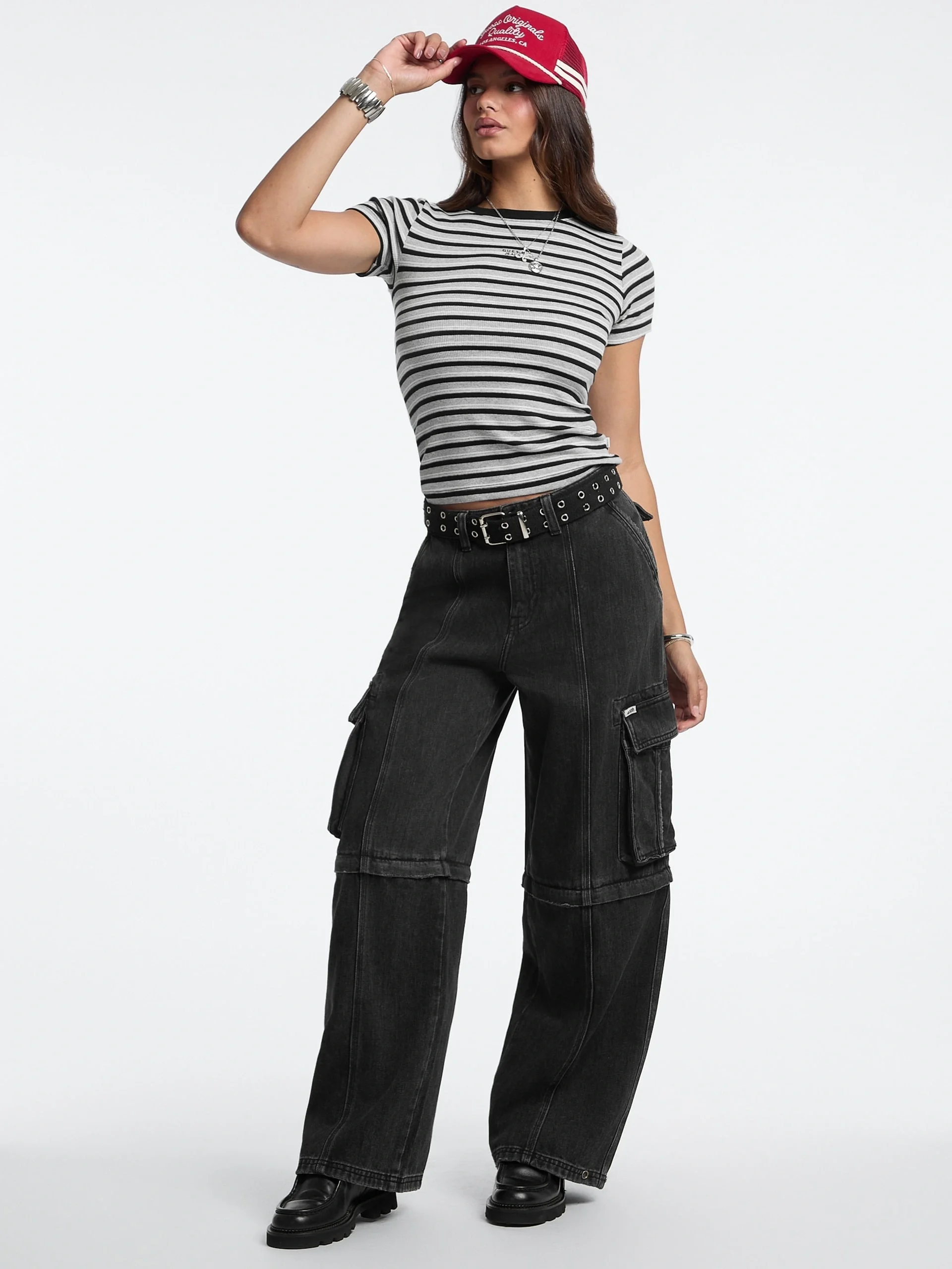 Guess Kadın Siyah Çok Renkli Çizgili Logolu T-shirt W5BP52KA0H1-S9HG