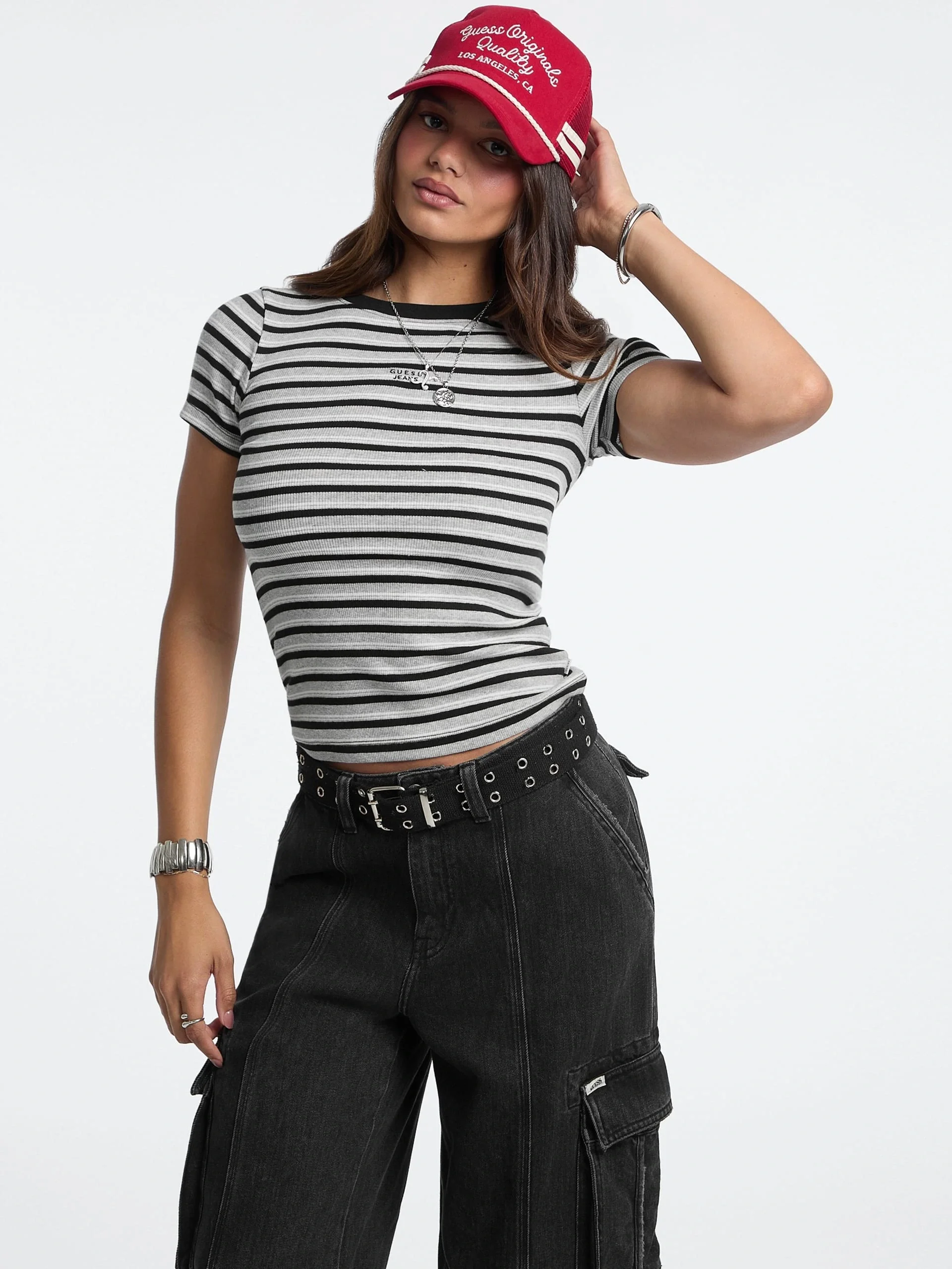 Guess Kadın Siyah Çok Renkli Çizgili Logolu T-shirt W5BP52KA0H1-S9HG