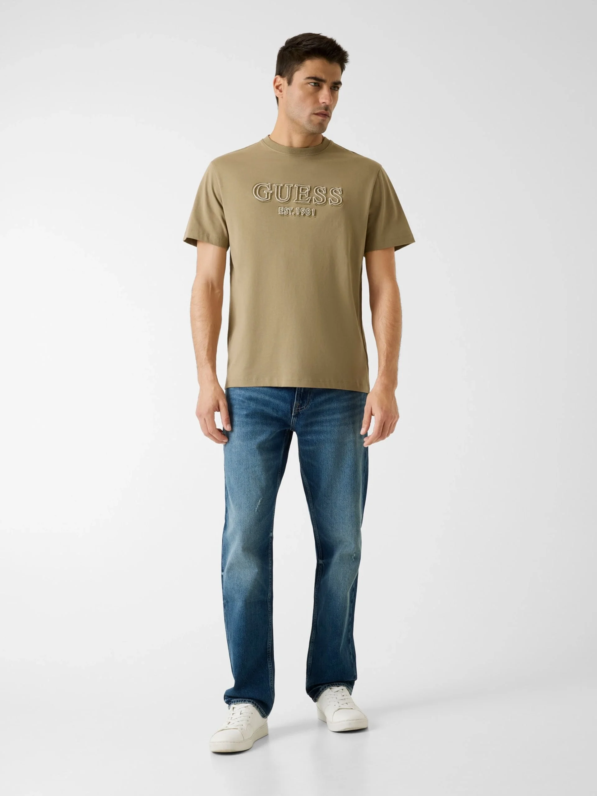 Guess Kısa Kollu Bisiklet Yaka Nakış Logolu Erkek Haki T-shirt M6RI22K8FQ4-G1ED