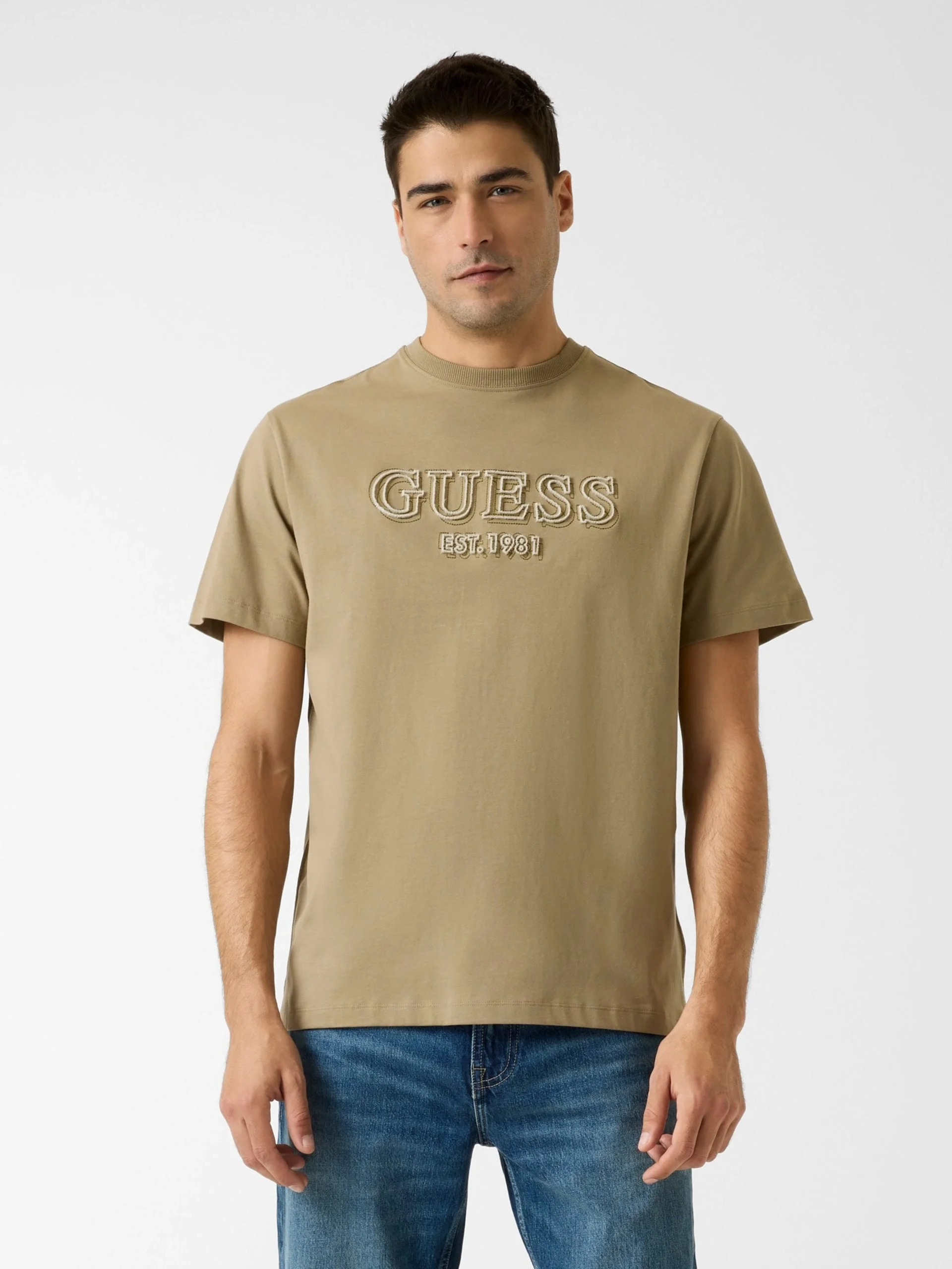 Guess Kısa Kollu Bisiklet Yaka Nakış Logolu Erkek Haki T-shirt M6RI22K8FQ4-G1ED