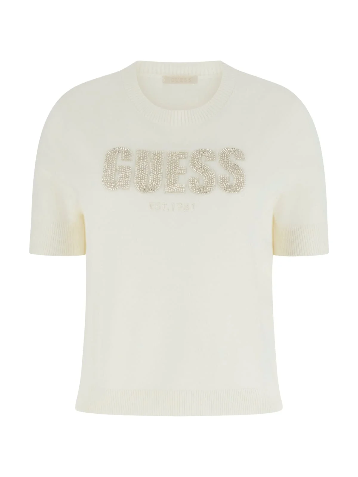 Guess Kısa Kollu Bisiklet Yaka Norah Logolu Triko Kadın Beyaz Triko W6RR47Z2NQ2-G012