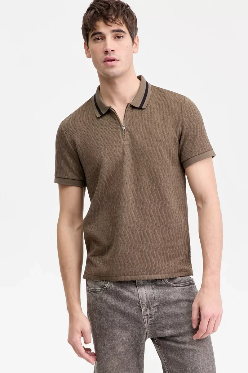 Guess Kısa Kollu Morales Örgü Fermuarlı Polo Yakalı Erkek Haki Polo T-shirt M6RP38KB322-G8L1