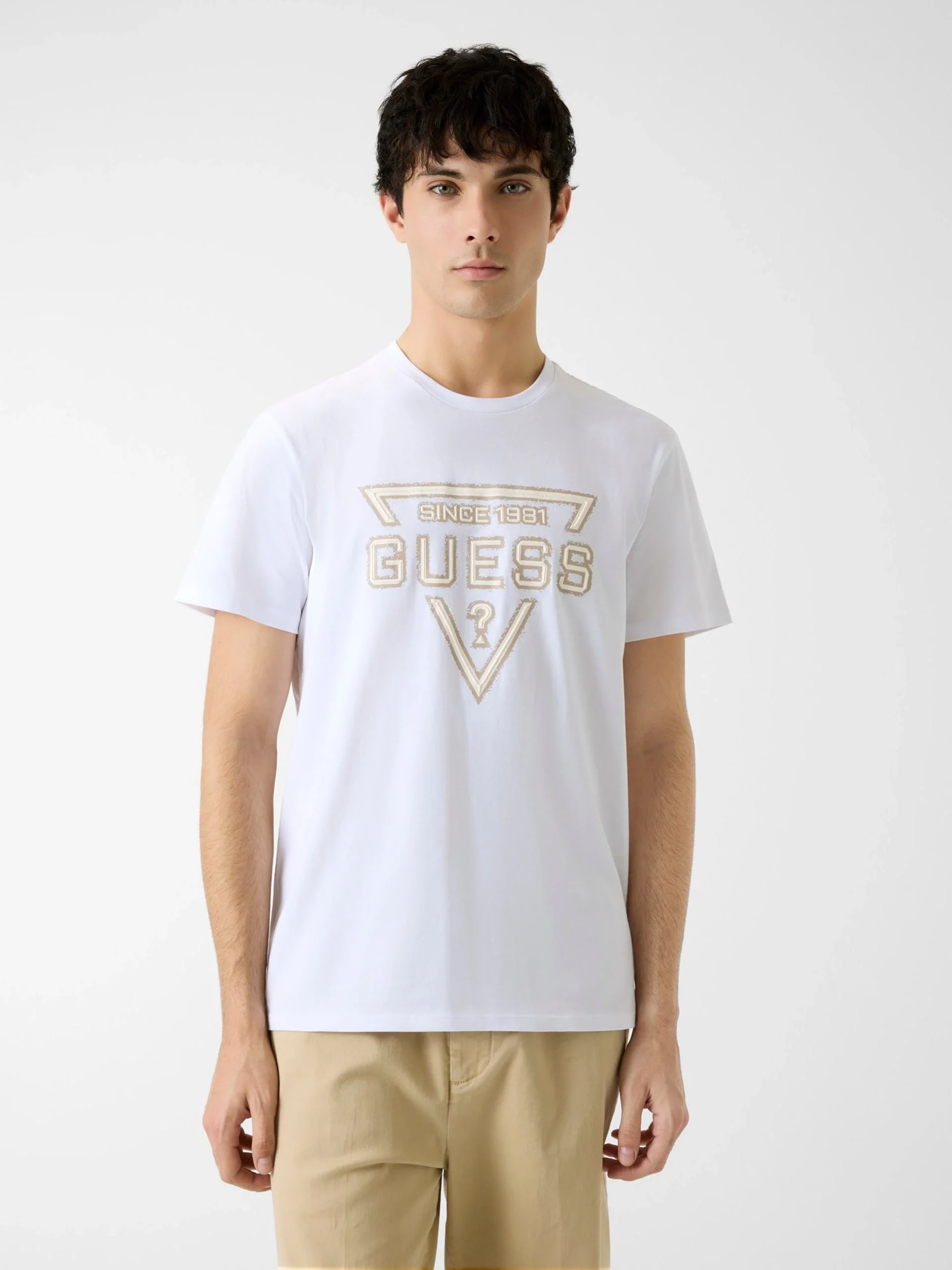 Guess Kısa Kollu Temel Boyalı Üçgen Logolu Erkek Beyaz T-shirt M6RI09I3Z14-G011