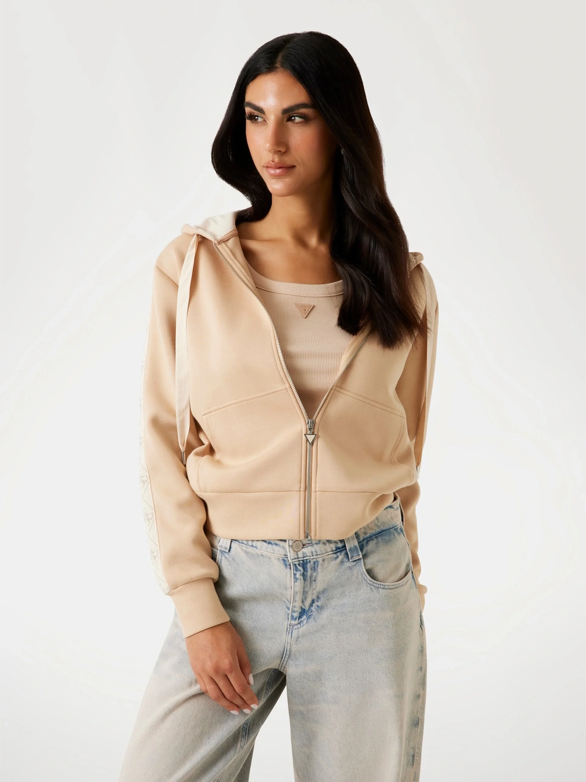 Guess New Hooded Kadın Krem Scuba  Eşofman Üstü W5YQ05KBYE2-A11T