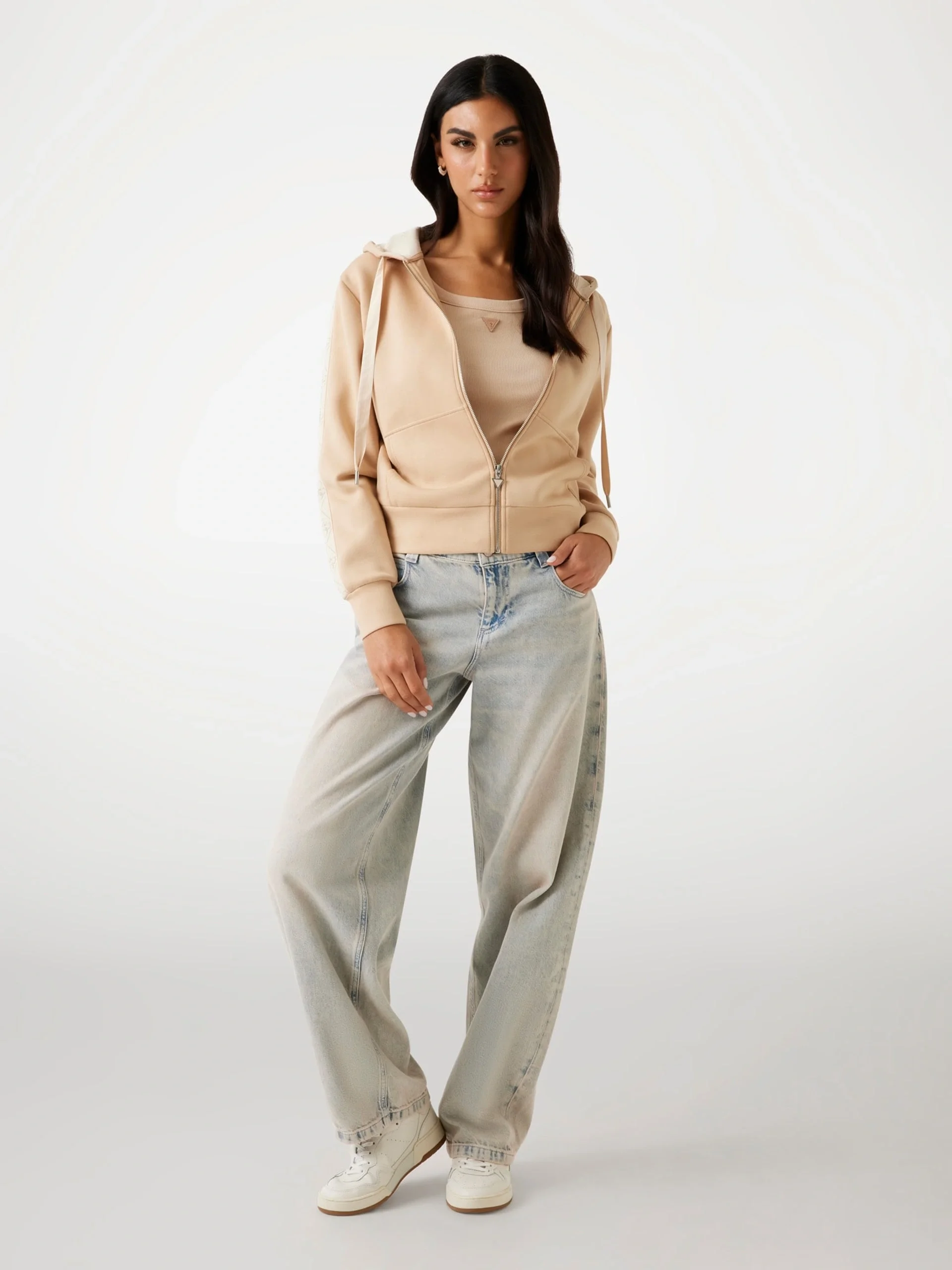 Guess New Hooded Kadın Krem Scuba  Eşofman Üstü W5YQ05KBYE2-A11T