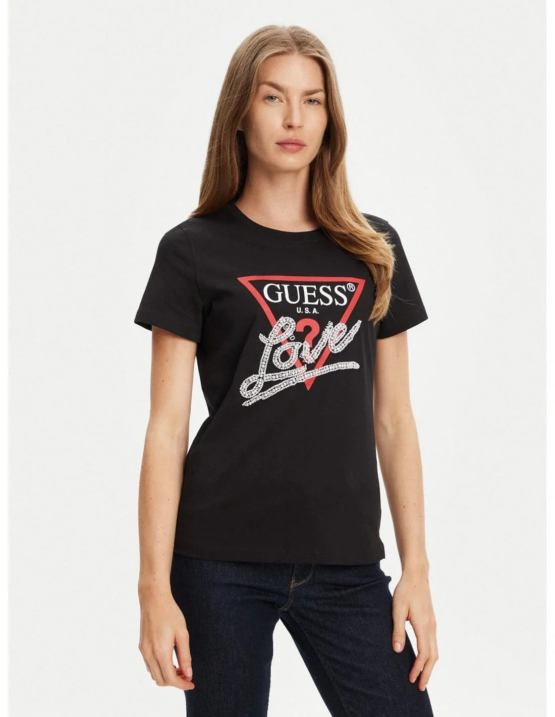 Guess Pearls Kadın Siyah Regular Fit T-Shirt W5YI40I3Z14-JBLK