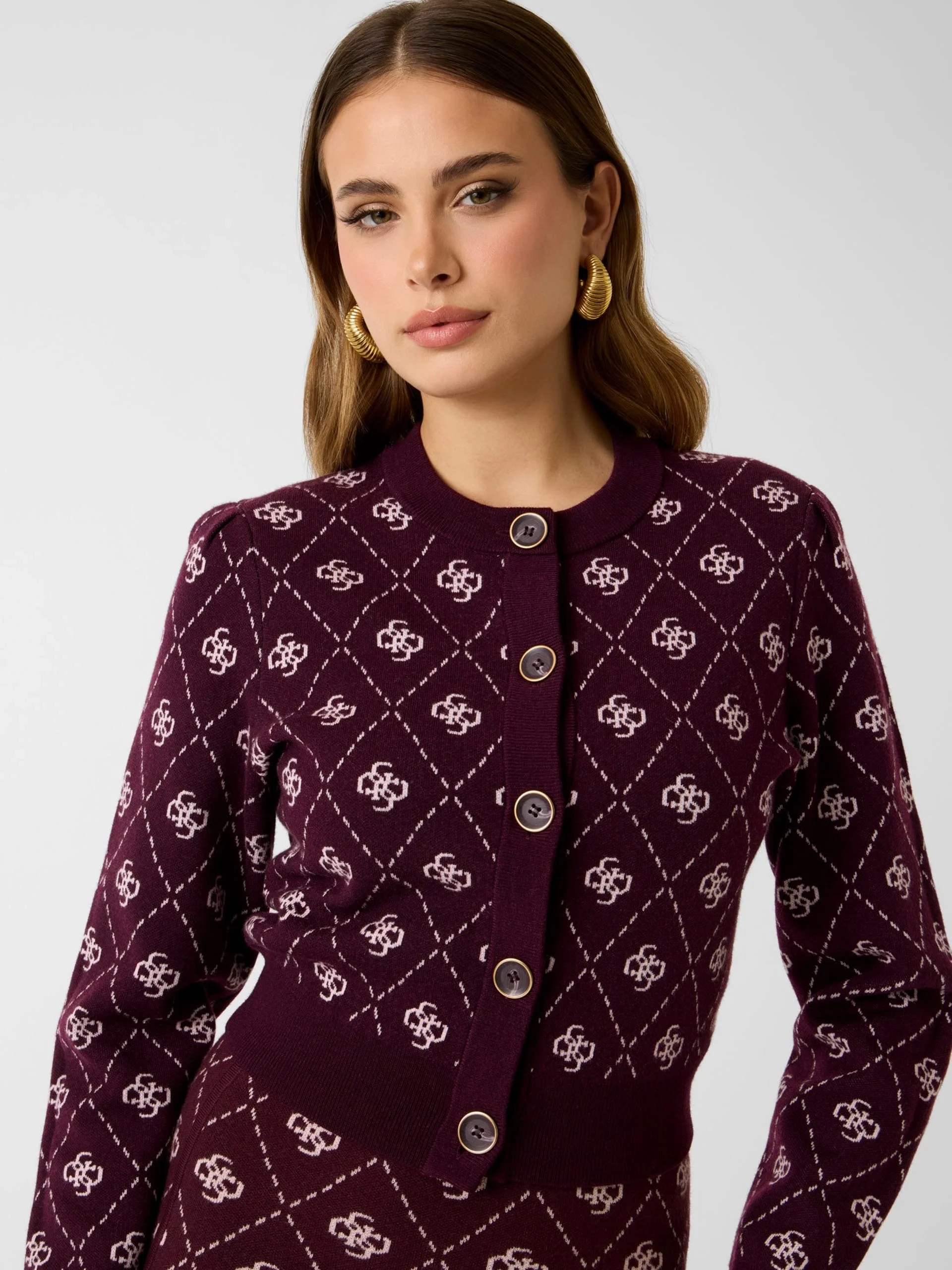 Guess Sarah 4G Uzun Kollu Bisiklet Yaka Hırka Triko Kadın Bordo Hırka W4BR0DZ3JD2-F4T5