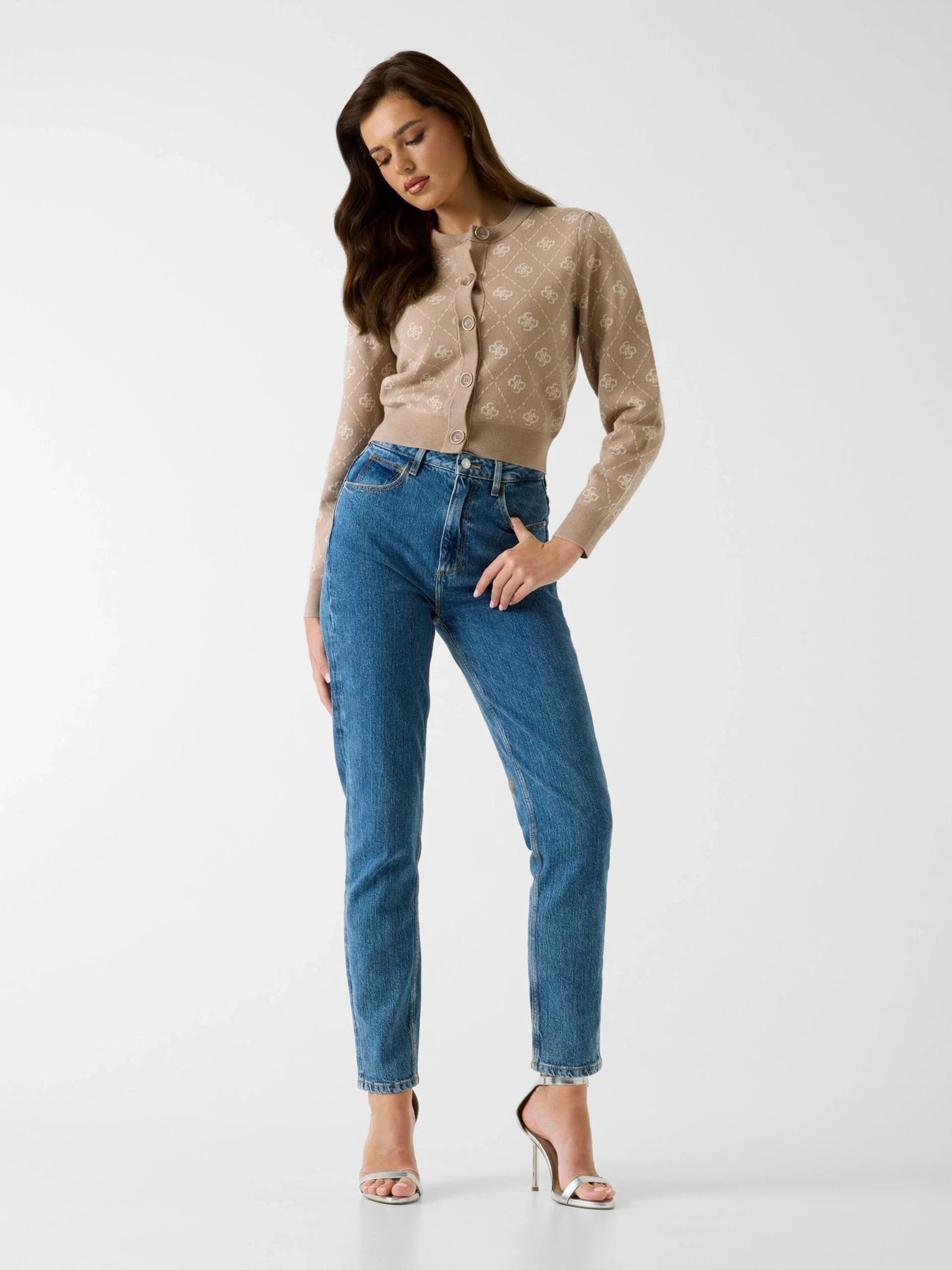 Guess Sarah 4G Uzun Kollu Bisiklet Yaka Hırka Triko Kadın Krem Hırka W4BR0DZ3JD2-FNJS