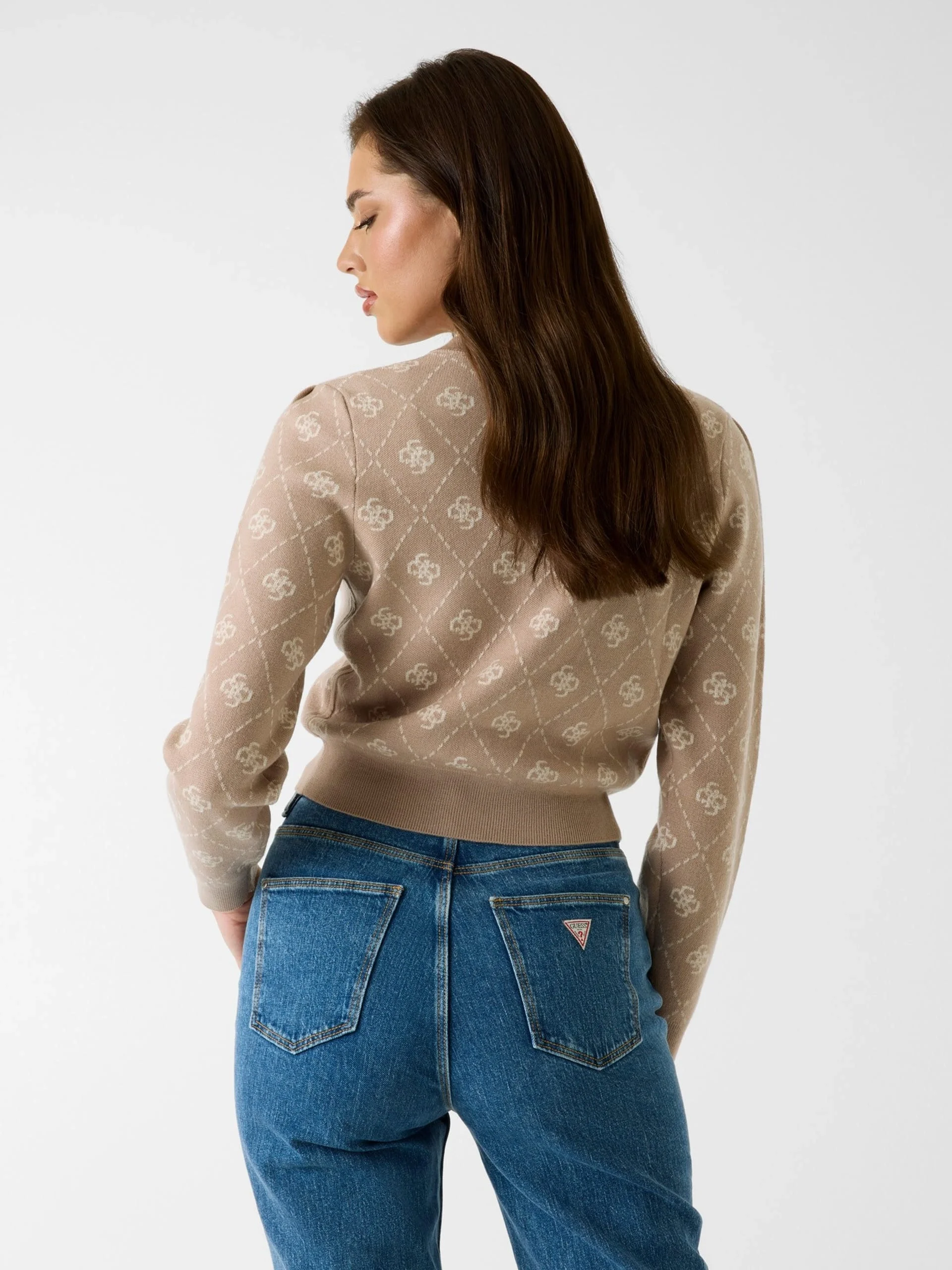 Guess Sarah 4G Uzun Kollu Bisiklet Yaka Hırka Triko Kadın Krem Hırka W4BR0DZ3JD2-FNJS