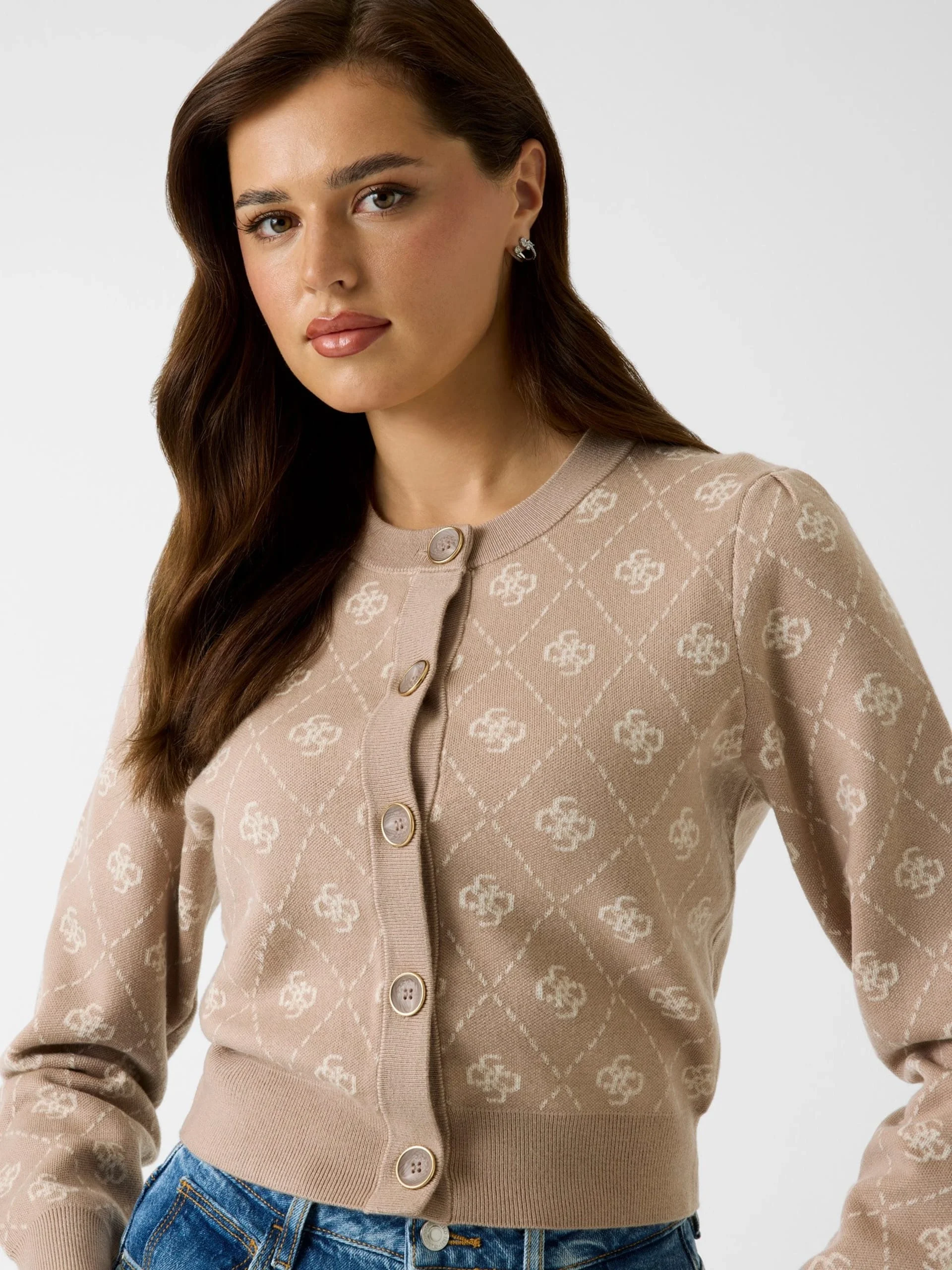 Guess Sarah 4G Uzun Kollu Bisiklet Yaka Hırka Triko Kadın Krem Hırka W4BR0DZ3JD2-FNJS