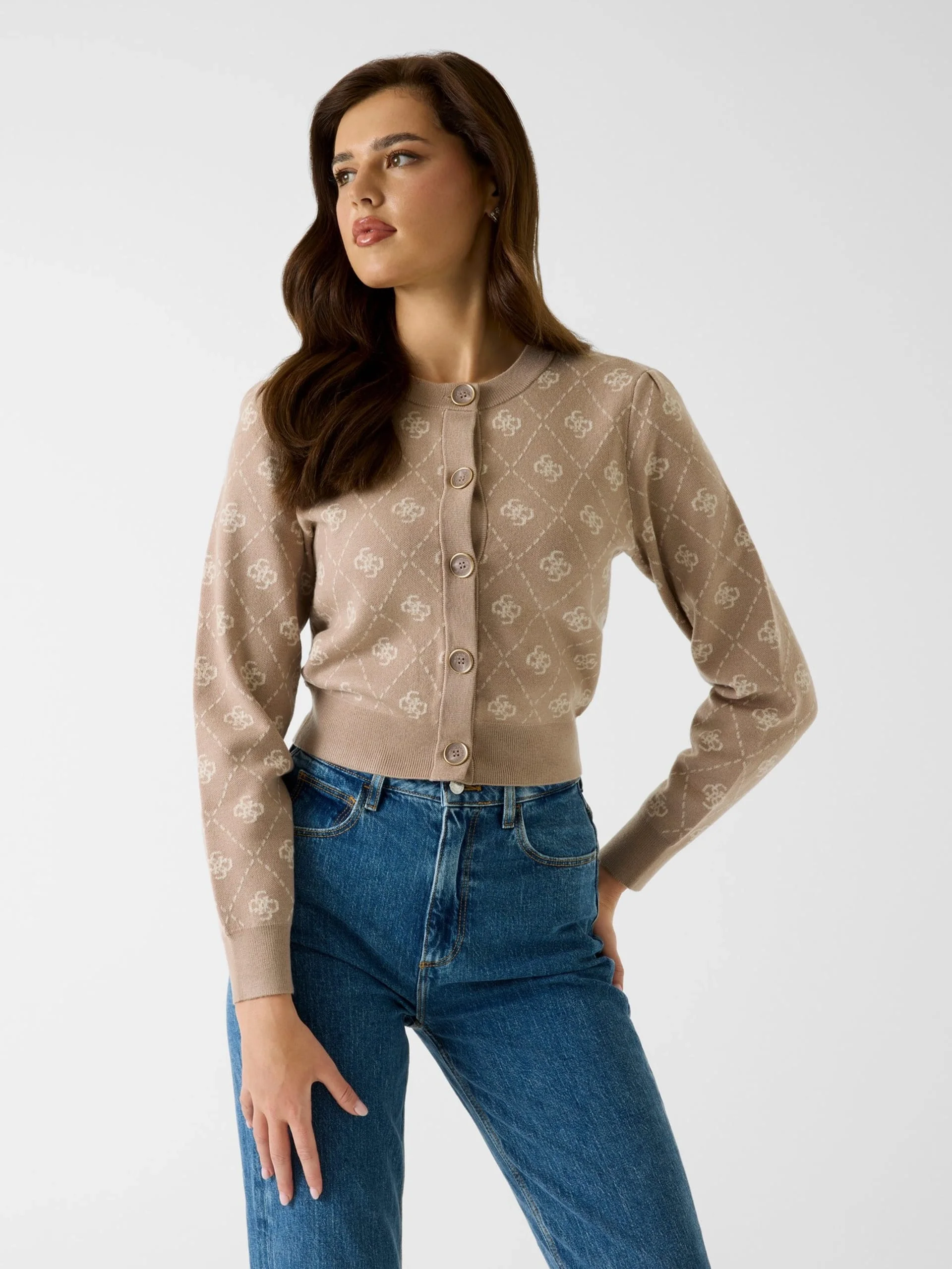 Guess Sarah 4G Uzun Kollu Bisiklet Yaka Hırka Triko Kadın Krem Hırka W4BR0DZ3JD2-FNJS