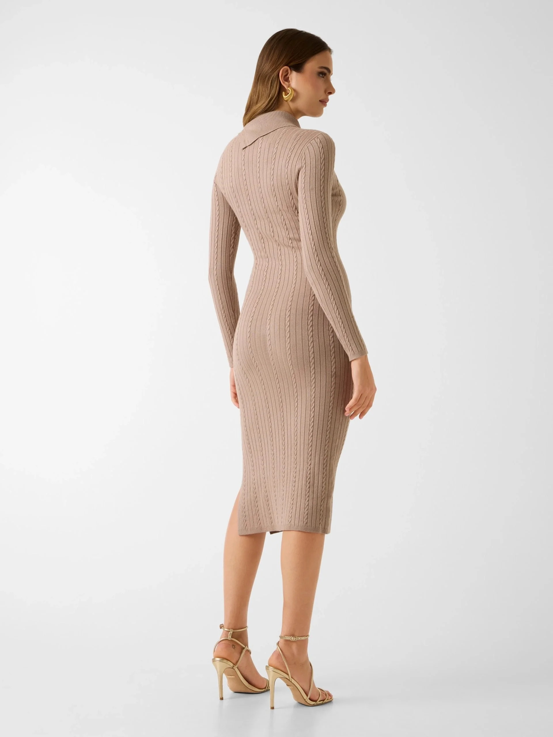 Guess Uzun Kollu Balıkçı Yaka Priscilla Saç Örgü Fitilli Kadın Bej Elbise W6RK01Z2YJ2-A10L