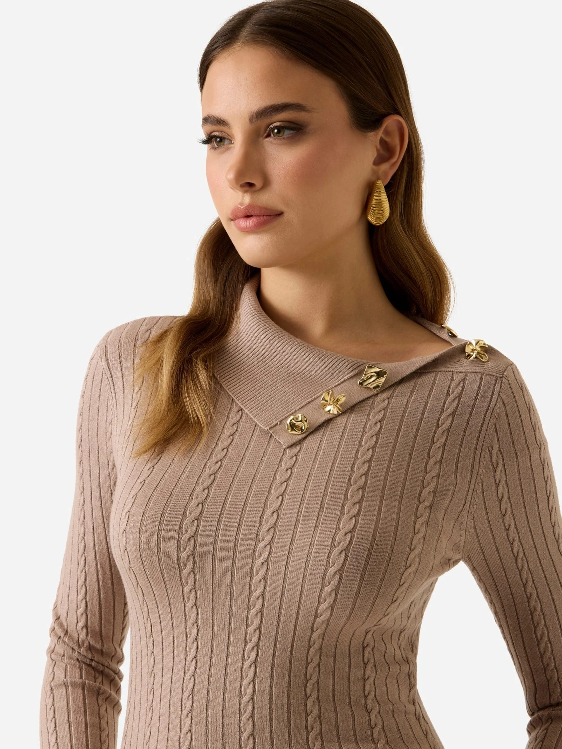 Guess Uzun Kollu Balıkçı Yaka Priscilla Saç Örgü Fitilli Kadın Bej Elbise W6RK01Z2YJ2-A10L