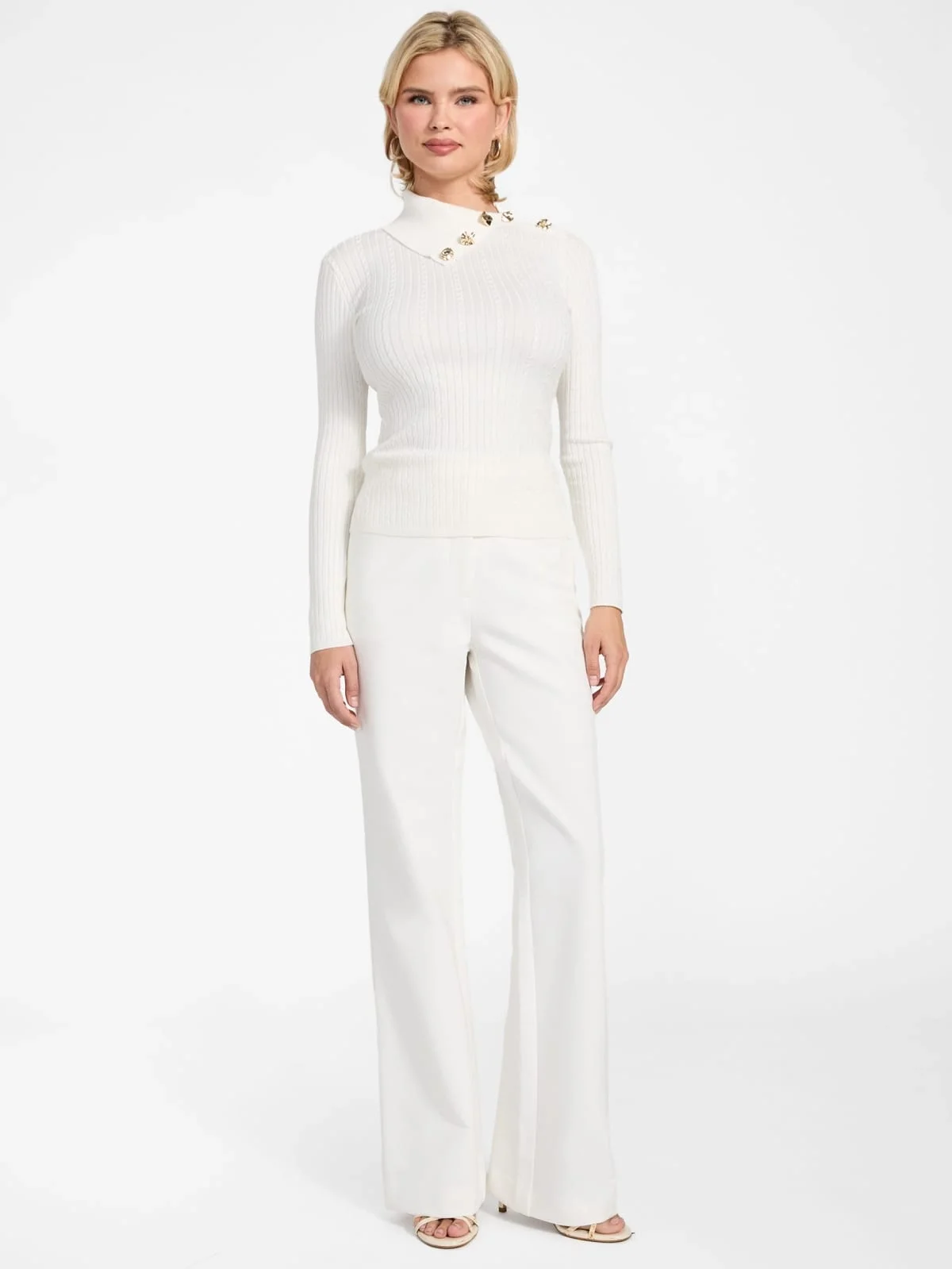 Guess Uzun Kollu Balıkçı Yaka Priscilla Saç Örgü Fitilli Triko Kadın Beyaz Triko W6RR07Z2YK2-G1O6