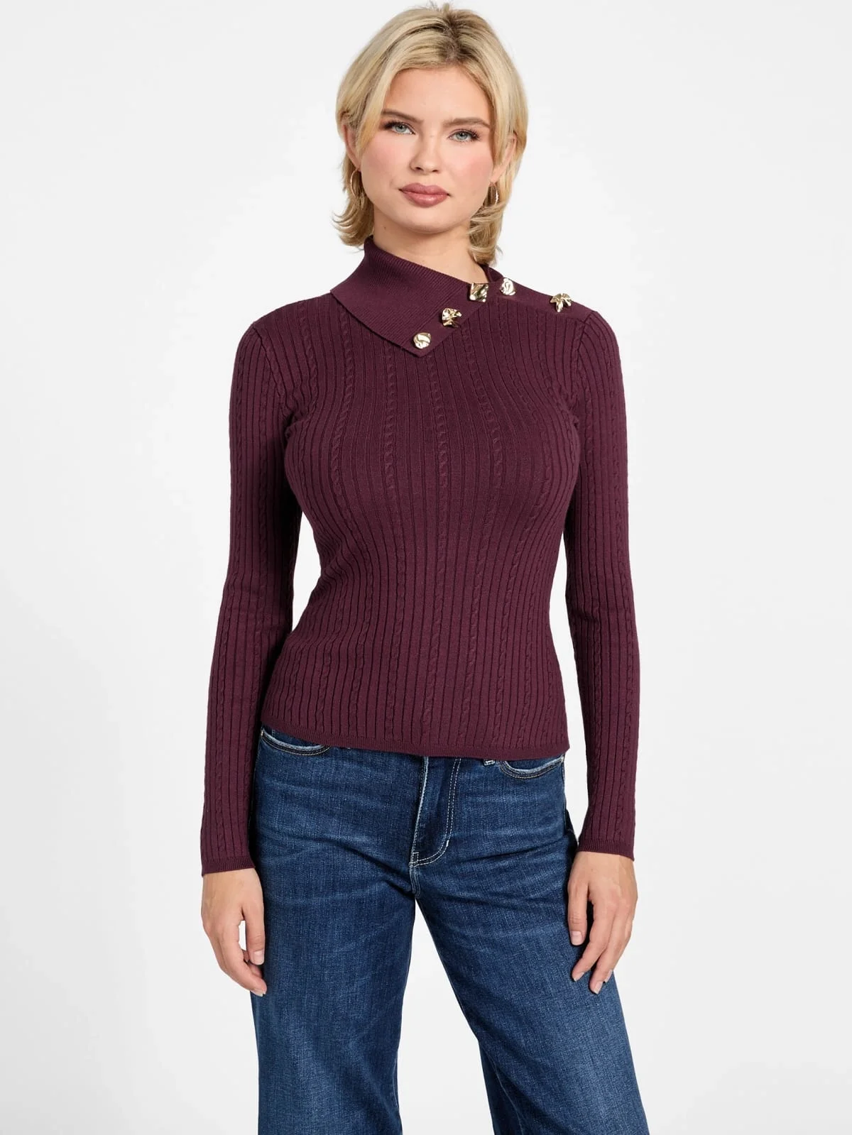 Guess Uzun Kollu Balıkçı Yaka Priscilla Saç Örgü Fitilli Triko Kadın Bordo Triko W6RR07Z2YK2-RGP