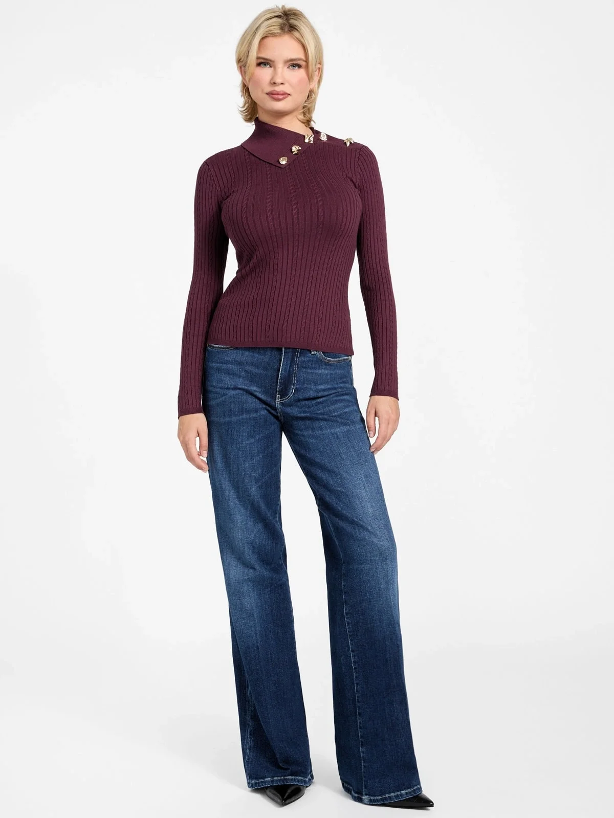 Guess Uzun Kollu Balıkçı Yaka Priscilla Saç Örgü Fitilli Triko Kadın Bordo Triko W6RR07Z2YK2-RGP