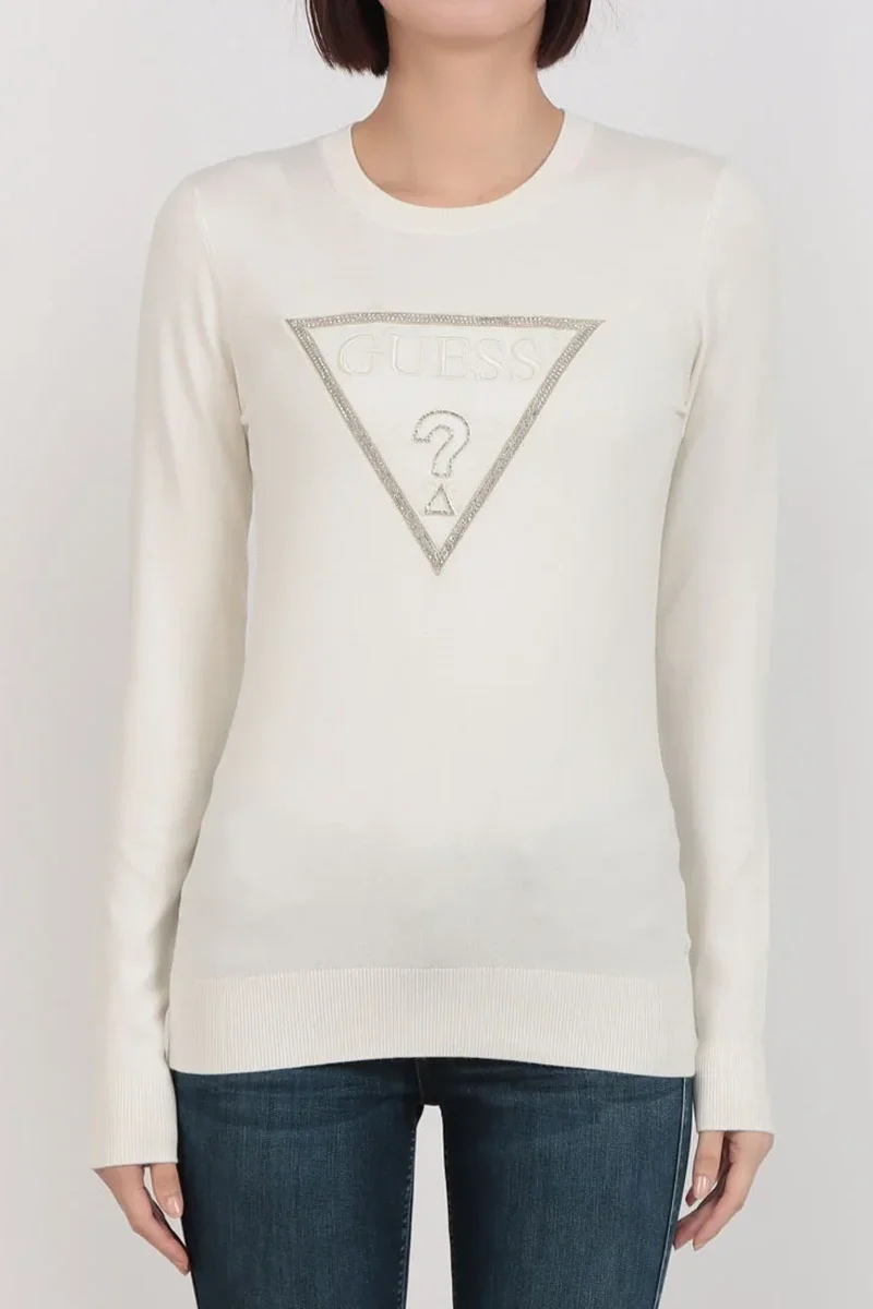 Guess Uzun Kollu Bisiklet Yaka Sasha Üçgen Logolu Triko Kadın Beyaz Triko W6RR49Z2NQ2-G012