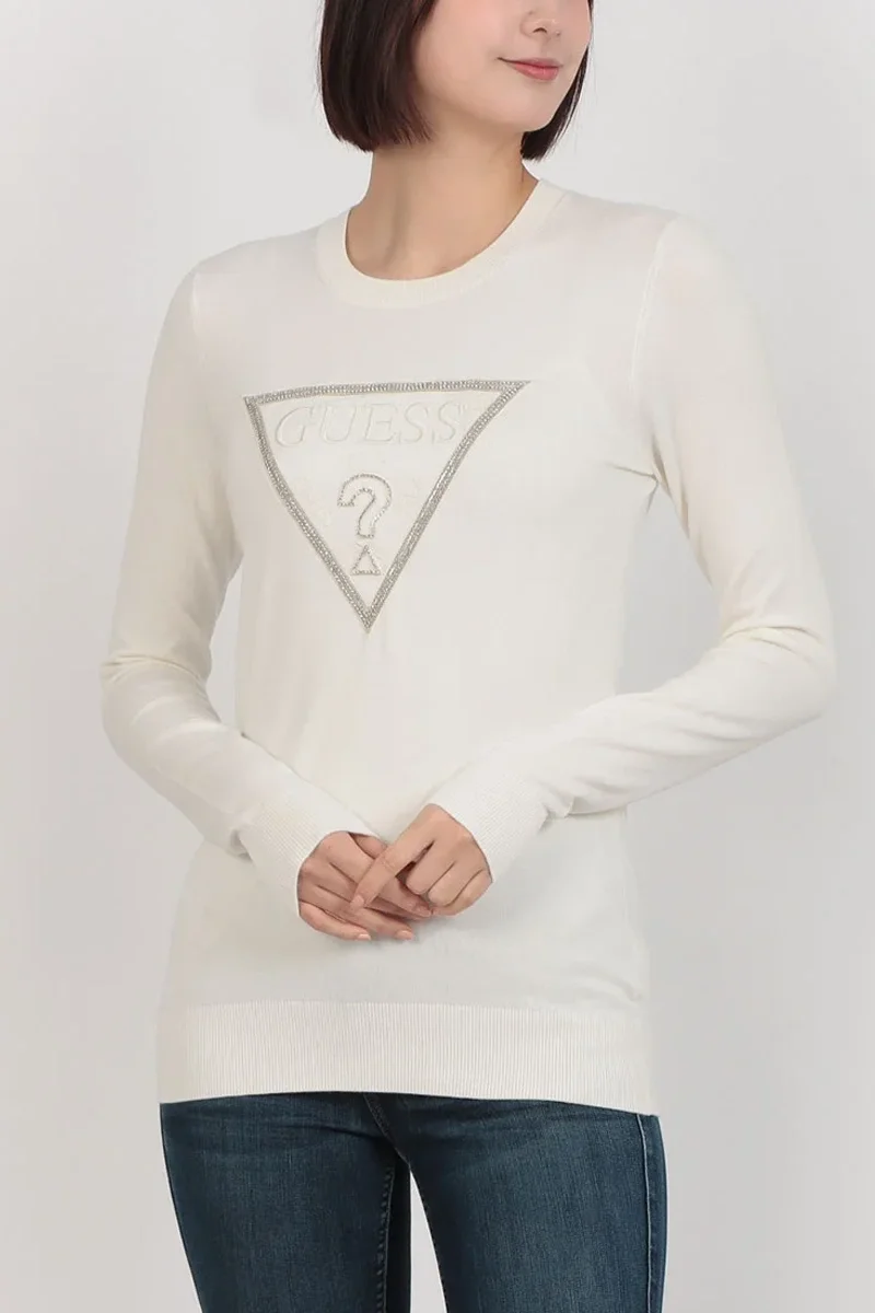 Guess Uzun Kollu Bisiklet Yaka Sasha Üçgen Logolu Triko Kadın Beyaz Triko W6RR49Z2NQ2-G012