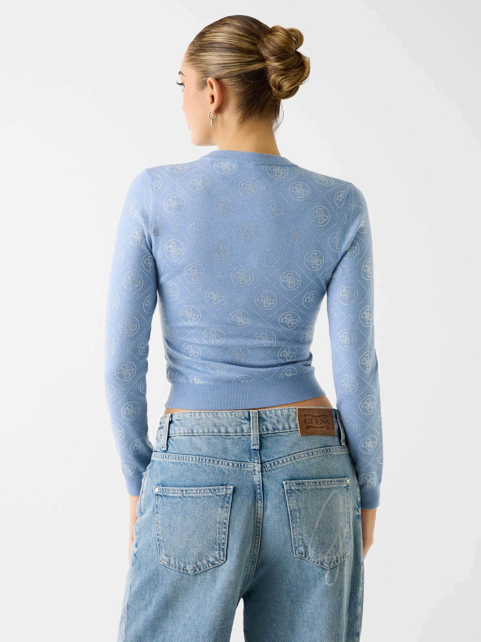 Guess Uzun Kollu Bisiklet Yaka Taş İşlemeli 4G Triko Kadın Mavi Triko W6RR66Z3JD2-G7FI
