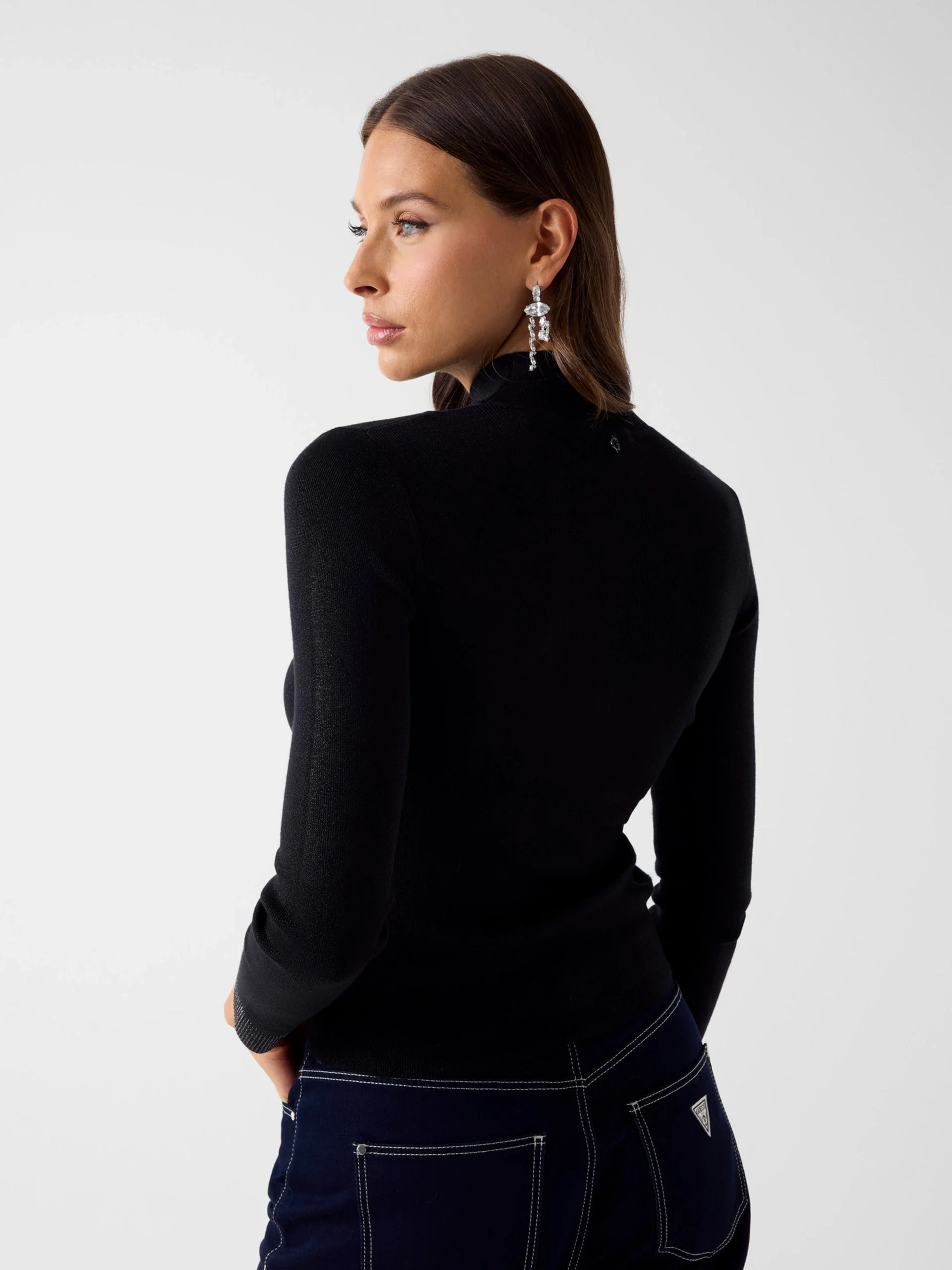 Guess Uzun Kollu Dik Yaka Lucy Taş İşlemeli Triko Kadın Siyah Triko W6RR45Z4842-JBLK