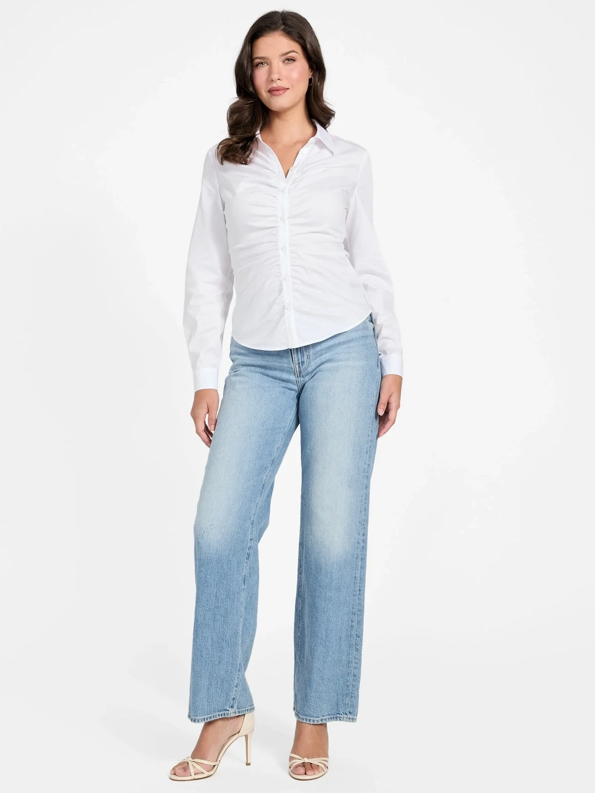 Guess Uzun Kollu Emily Büzgülü Poplin Kadın Beyaz Gömlek W6RH85W1LU1-G011