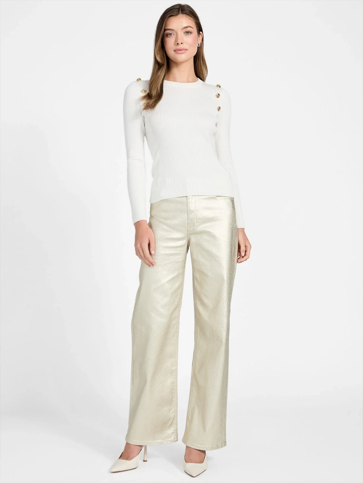 Guess Uzun Kollu Fitilli Logolu Düğmeli Vonn Kadın Beyaz Triko W6RR58Z2YK2-G1O6