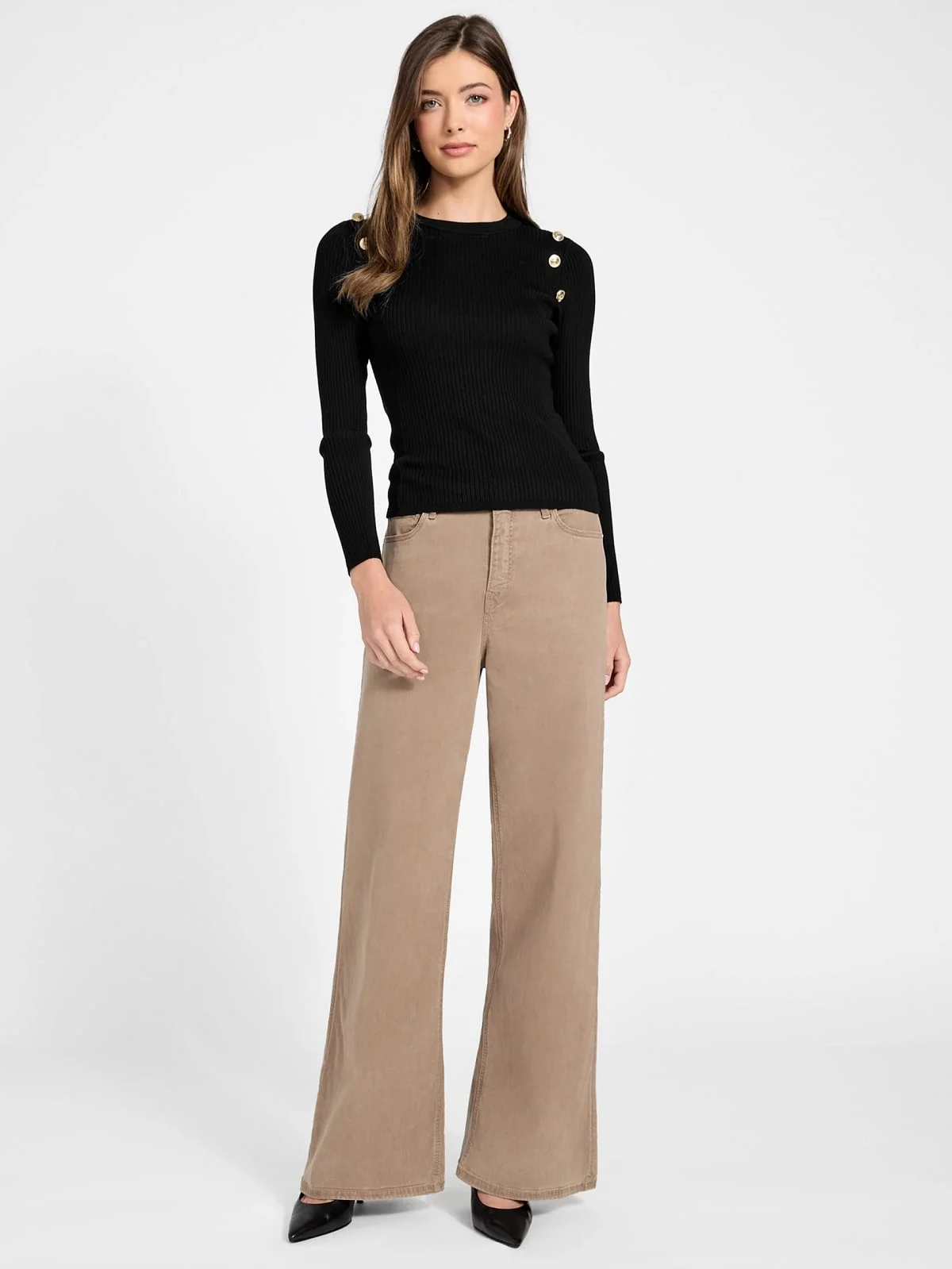 Guess Uzun Kollu Fitilli Logolu Düğmeli Vonn Kadın Siyah Triko W6RR58Z2YK2-JBLK