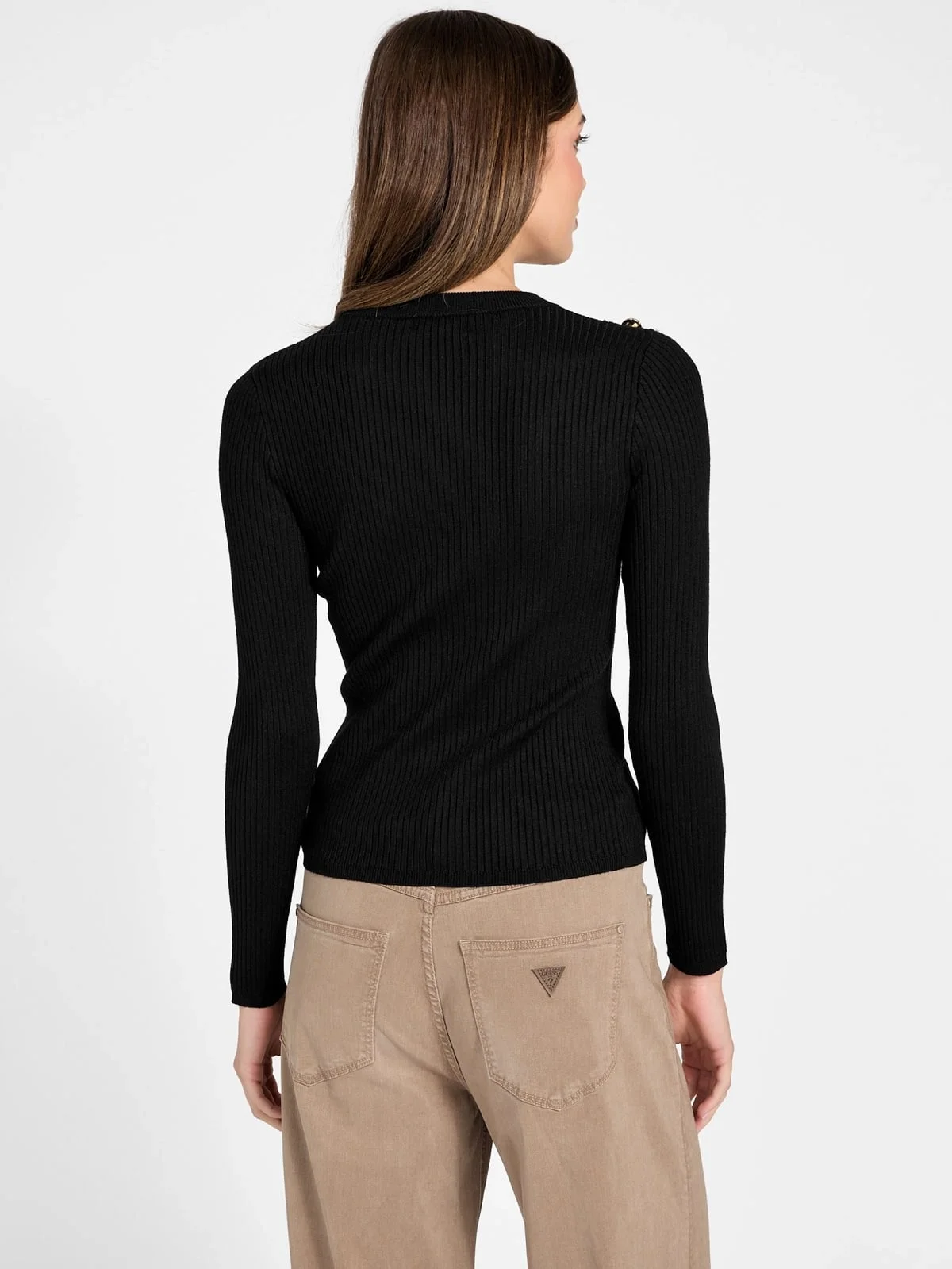 Guess Uzun Kollu Fitilli Logolu Düğmeli Vonn Kadın Siyah Triko W6RR58Z2YK2-JBLK