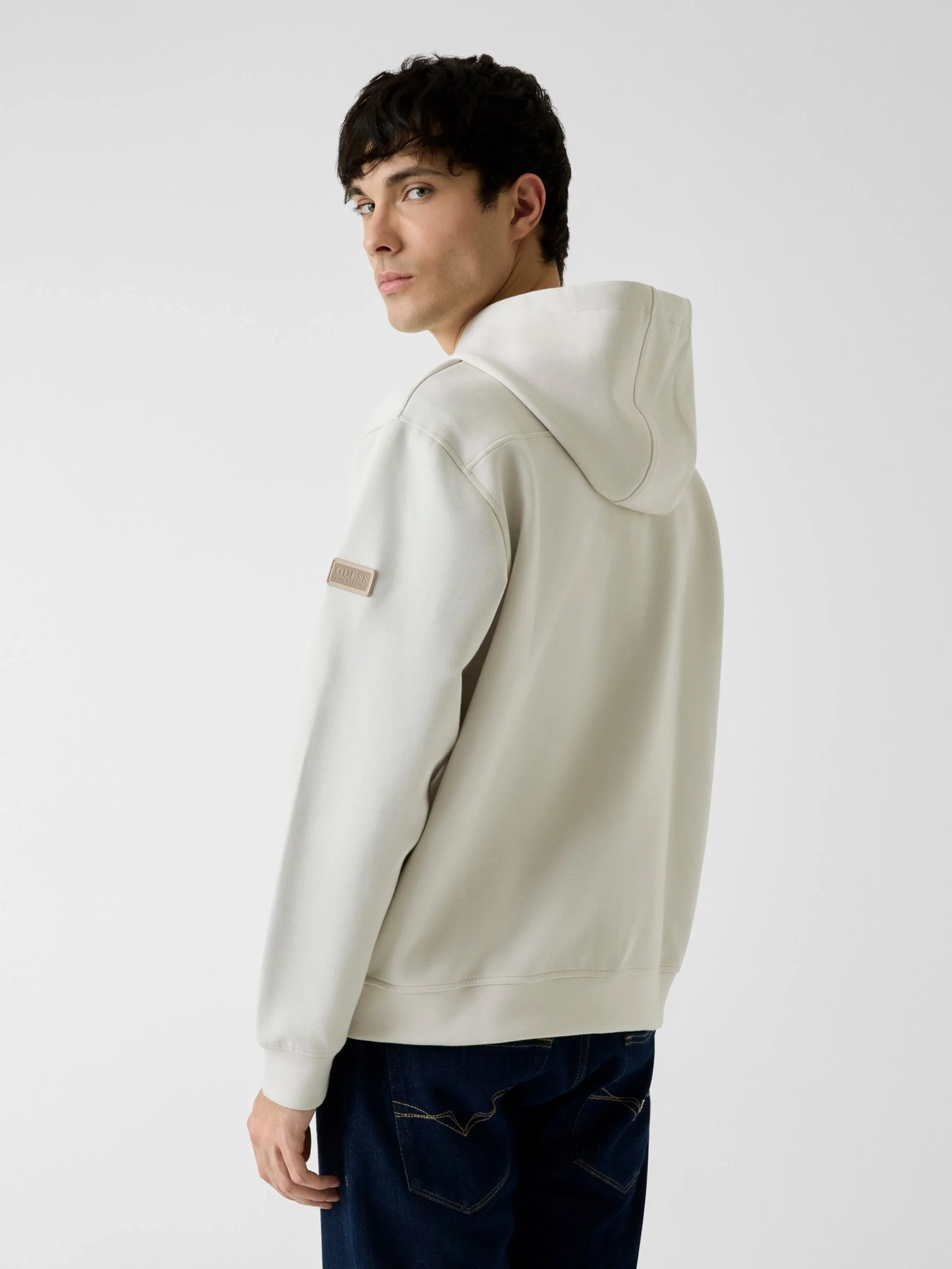 Guess Uzun Kollu Yeni Teknik Esnek Fermuarlı Kapüşonlu Erkek Krem Sweatshirt M6RQ05KD132-G1I6