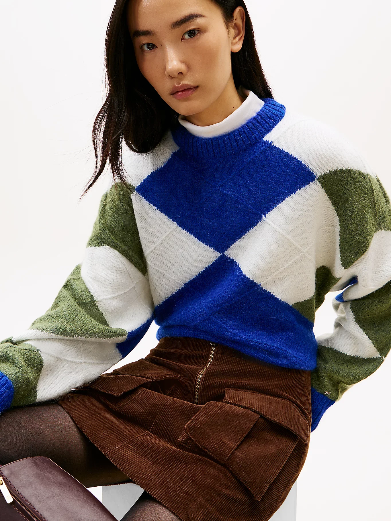 Tommy Hilfiger Alpaka Karışımlı Baklava Desenli Bisiklet Yaka Uzun Kollu Kadın Mavi Kazak WW0WW474640ZU