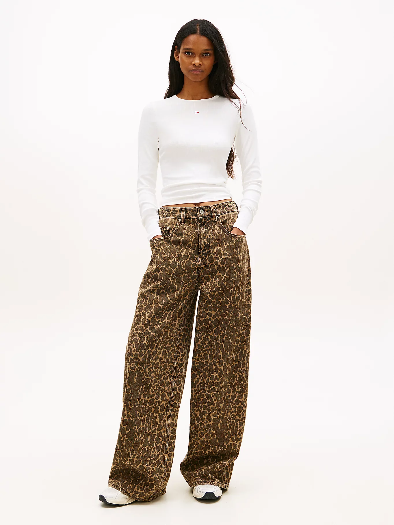 Tommy Hilfiger Charlie Orta Bel Bol Kesim Geniş Leopar Kadın Mavi Jeans DW0DW218331CE