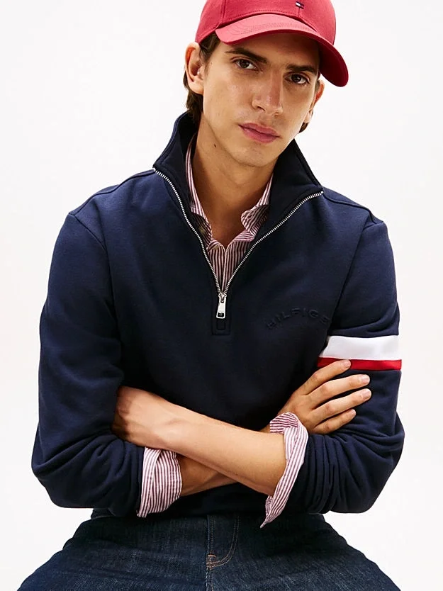 Tommy Hilfiger İkonik Renk Bloklu Eklemeli Yarım Fermuarlı Erkek Mavi Kazak MW0MW40480DW5