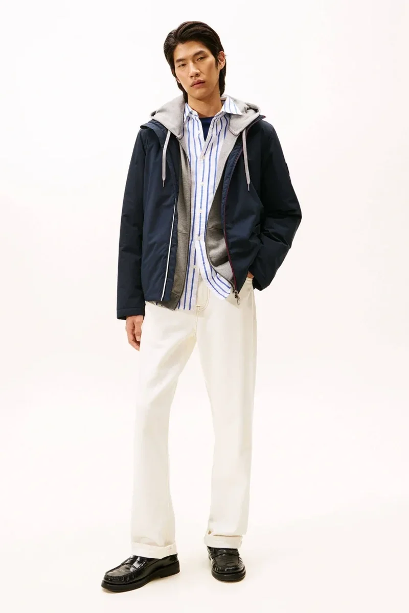 Tommy Hilfiger İkonik Renk Bloklu Kapüşonlu Erkek Mavi Ceket MW0MW41082DW5