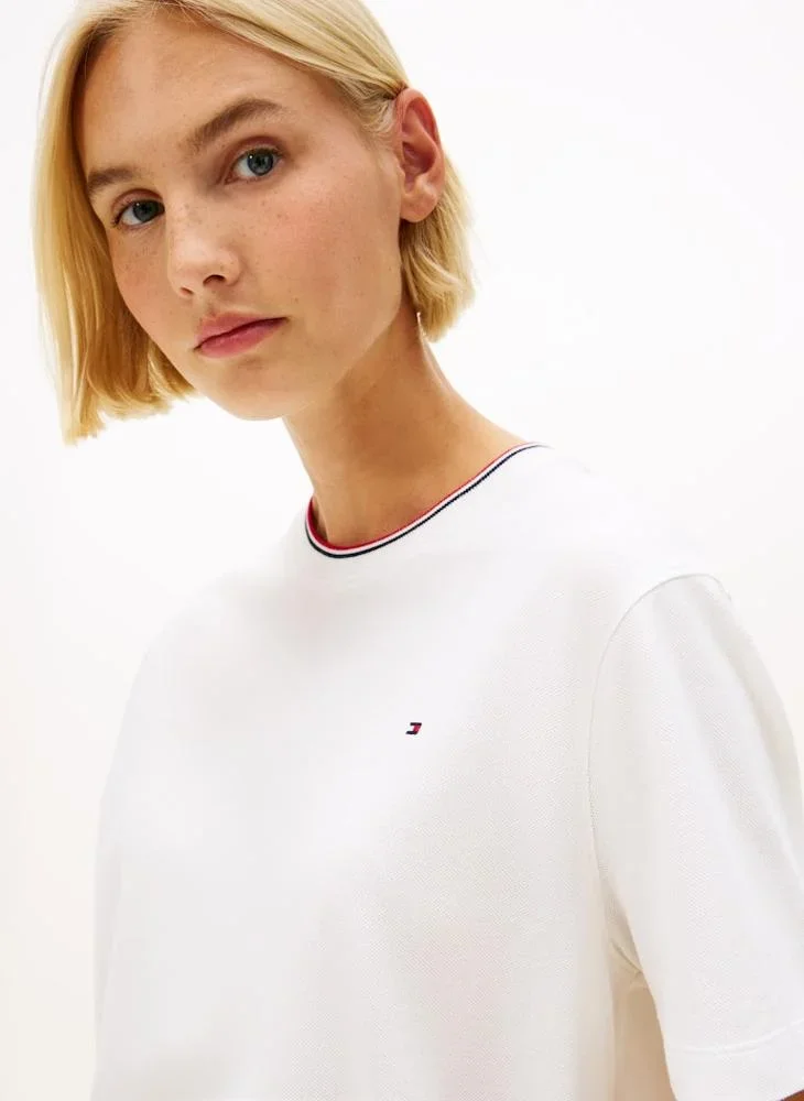 Tommy Hilfiger İkonik Şeritli Pike Bisiklet Yaka Kısa Kollu Kadın Beyaz T-shirt WW0WW47310YBL