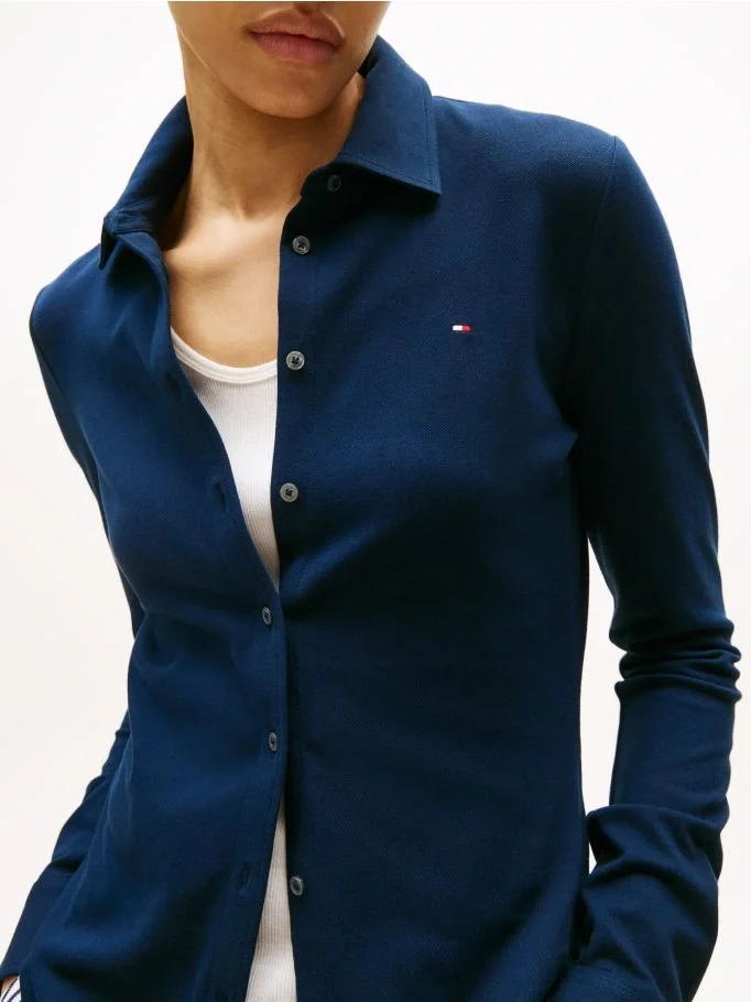 Tommy Hilfiger Kadın 1985 Dar Kesim Pike Uzun Kollu Mavi Gömlek WW0WW43528C1G