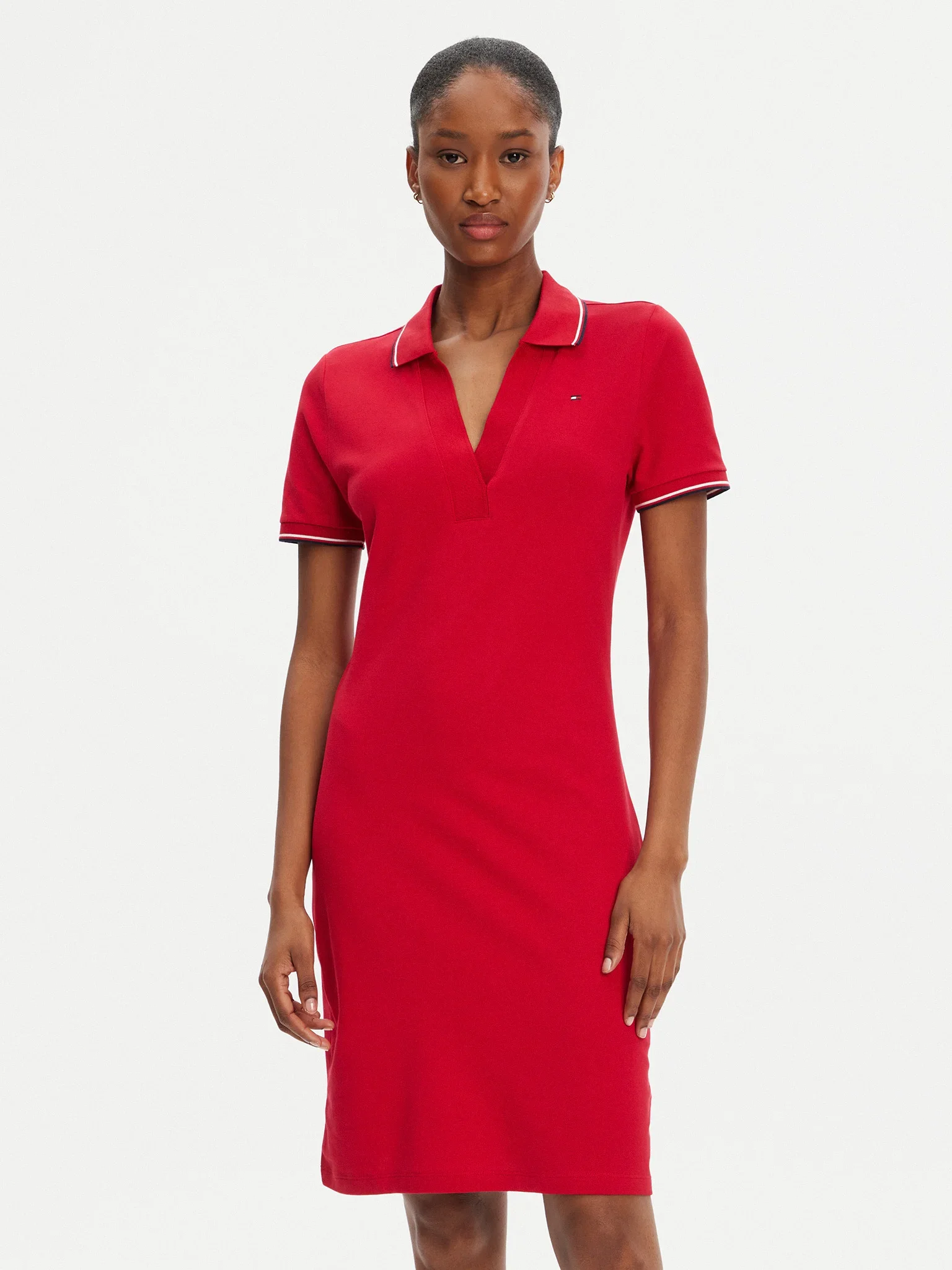 Tommy Hilfiger Kadın 1985 İkonik Şerit Detaylı Dar Kesim Polo Kırmızı Elbise WW0WW45740XLD