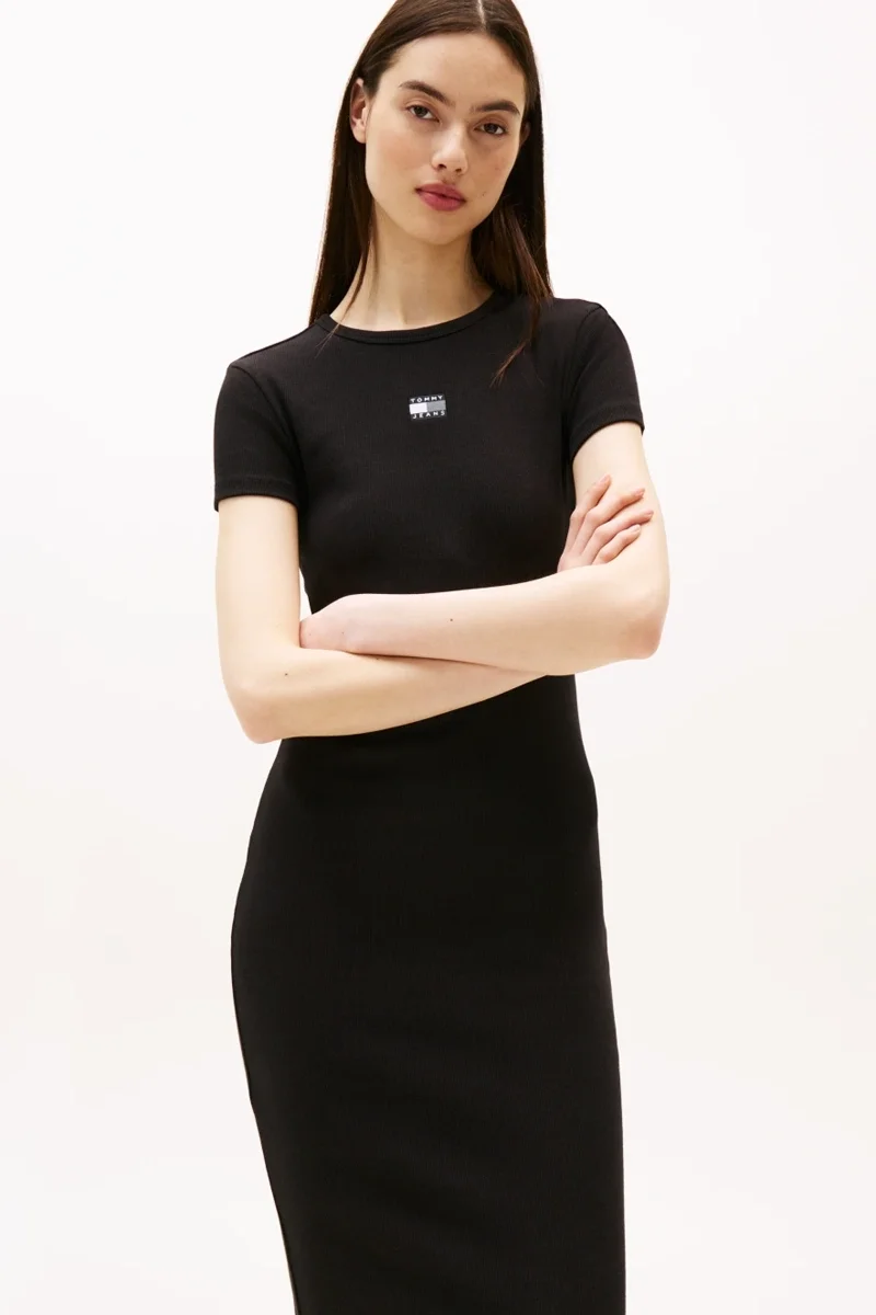 Tommy Hilfiger Kadın Armalı Fitilli Midi Siyah Elbise DW0DW20873BDS