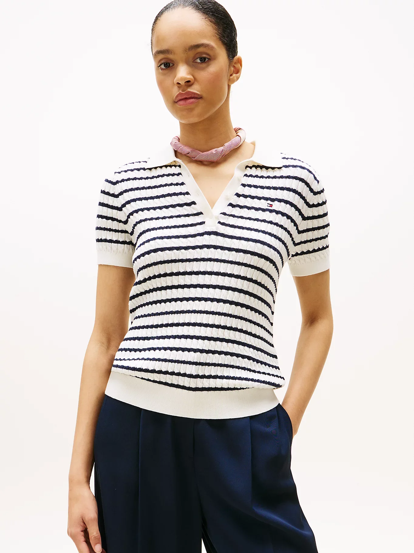 Tommy Hilfiger Kadın Pamuklu İnce Örgü Kısa Kollu Beyaz Polo Yaka  Kazak WW0WW414740FG