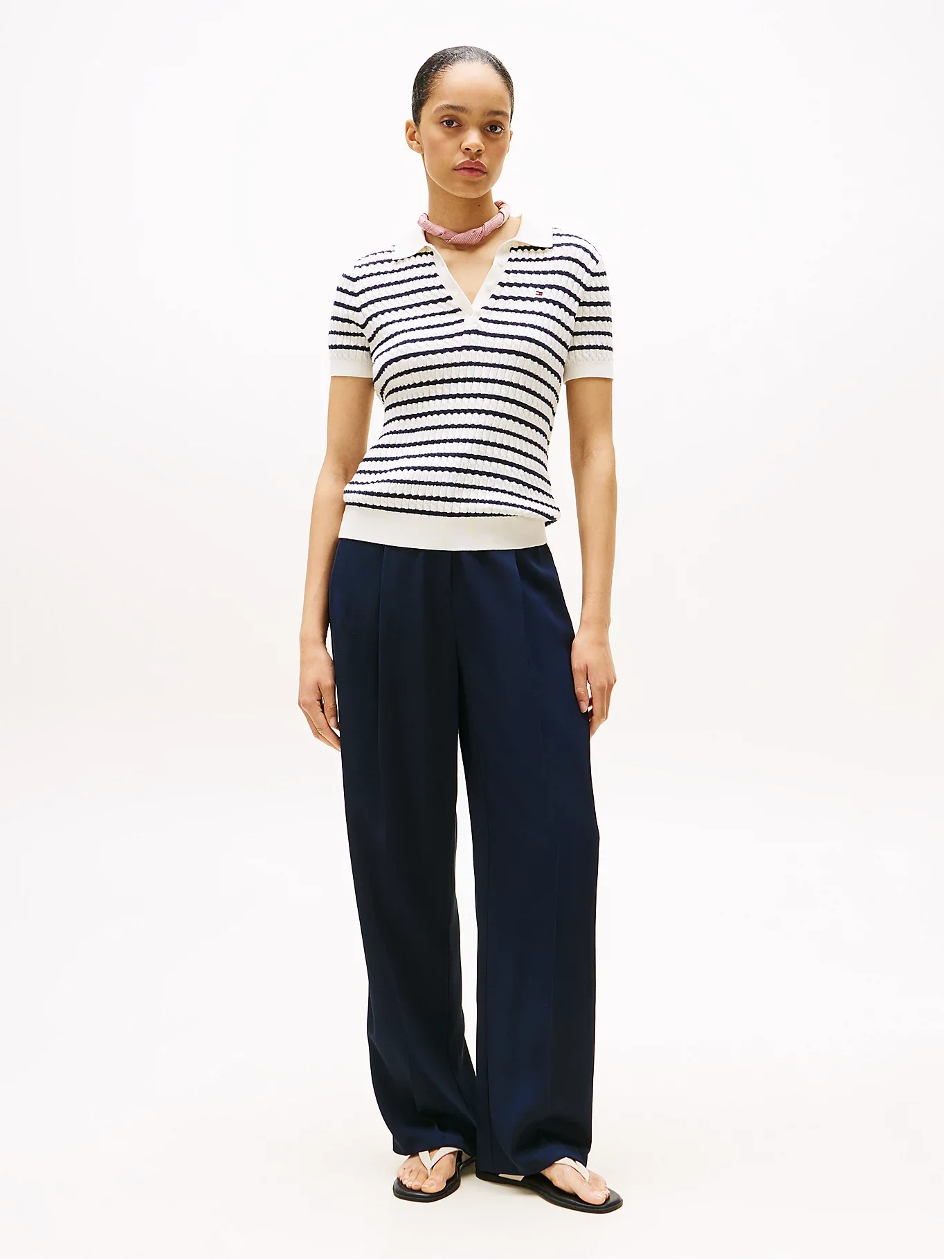 Tommy Hilfiger Kadın Pamuklu İnce Örgü Kısa Kollu Beyaz Polo Yaka  Kazak WW0WW414740FG