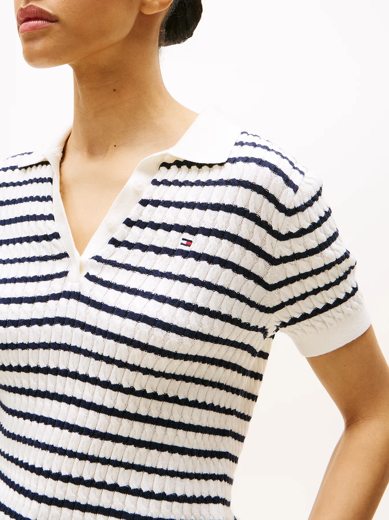 Tommy Hilfiger Kadın Pamuklu İnce Örgü Kısa Kollu Beyaz Polo Yaka  Kazak WW0WW414740FG