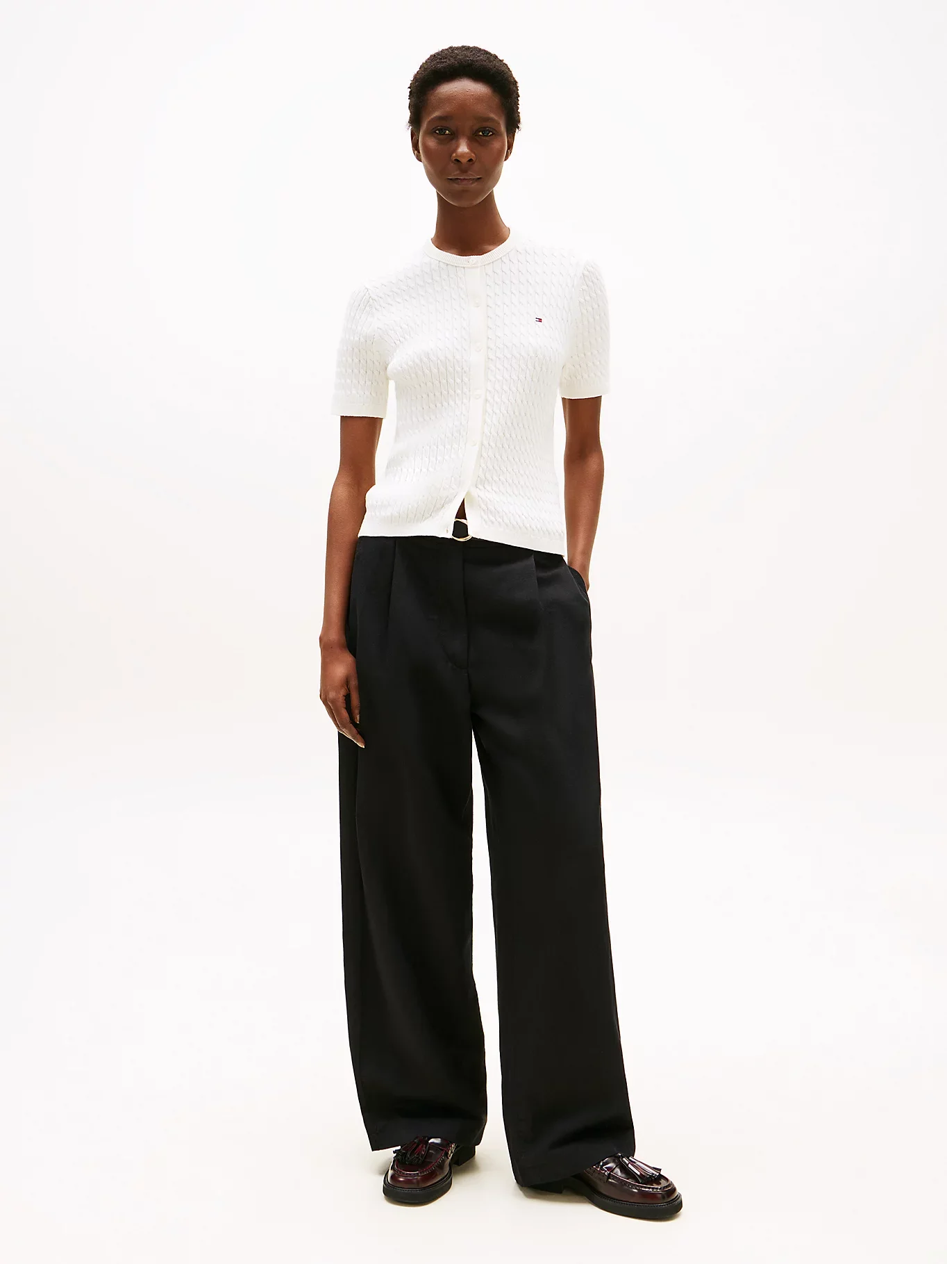 Tommy Hilfiger Kadın Pamuklu İnce Örgü Kısa Kollu Bisiklet Yaka Beyaz Kazak WW0WW45707YA8