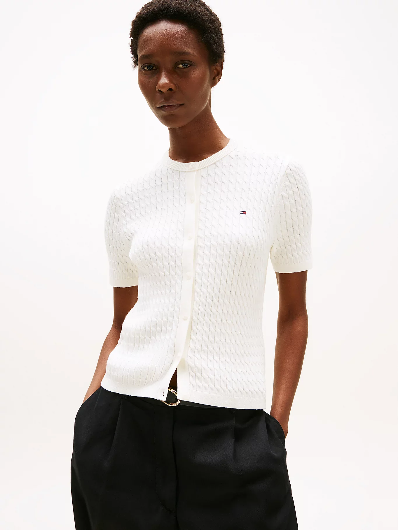 Tommy Hilfiger Kadın Pamuklu İnce Örgü Kısa Kollu Bisiklet Yaka Beyaz Kazak WW0WW45707YA8