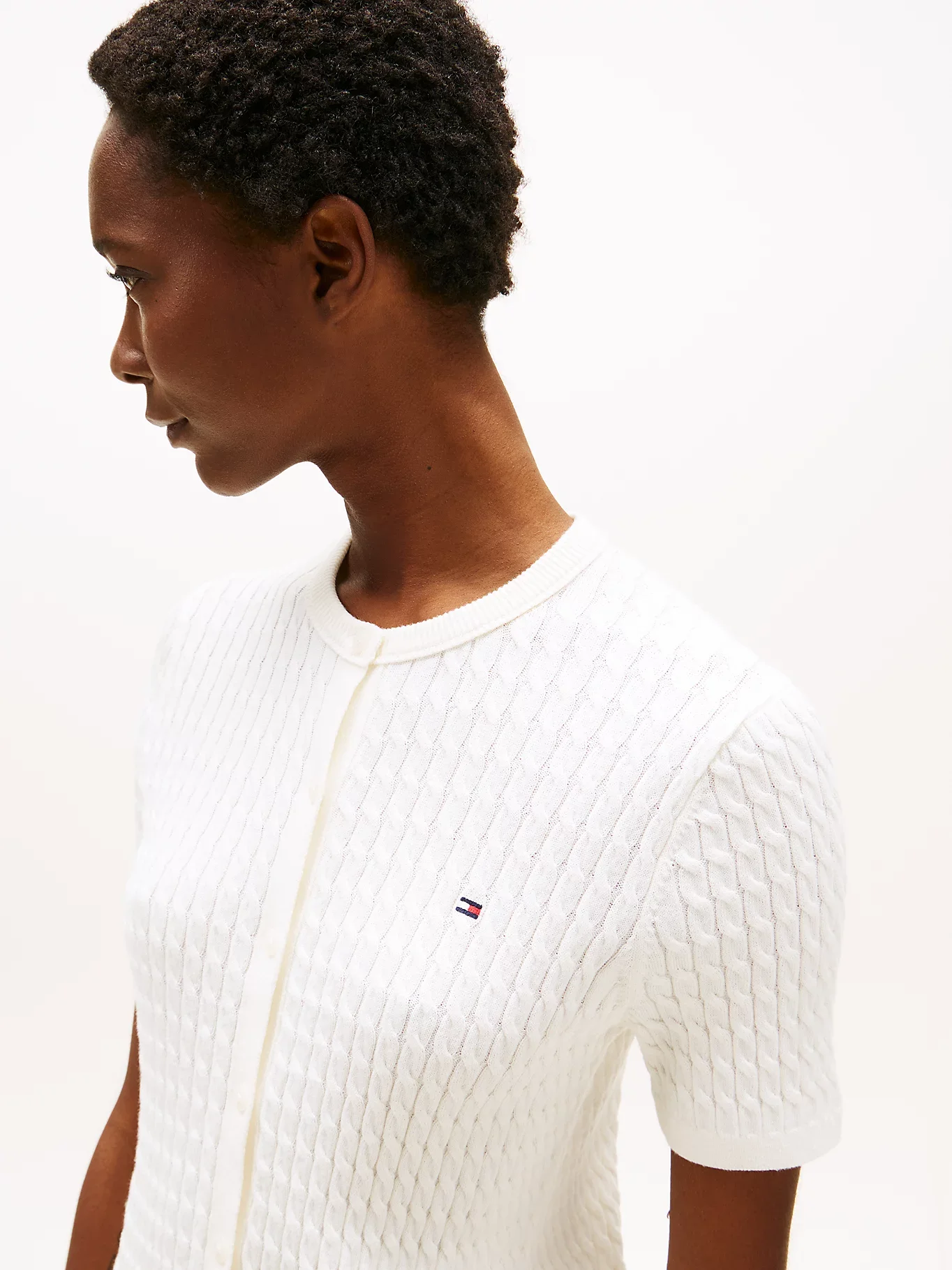 Tommy Hilfiger Kadın Pamuklu İnce Örgü Kısa Kollu Bisiklet Yaka Beyaz Kazak WW0WW45707YA8