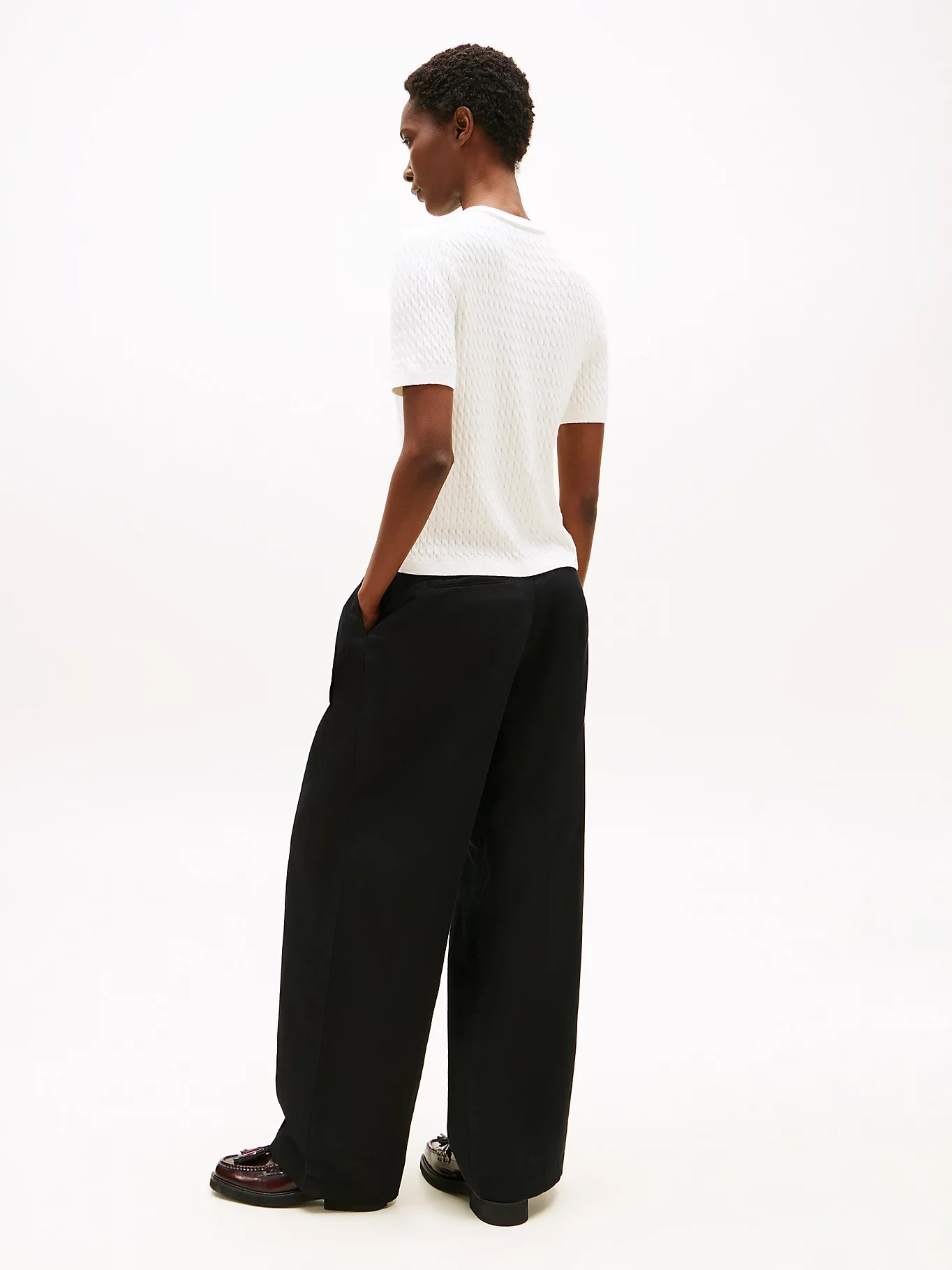 Tommy Hilfiger Kadın Pamuklu İnce Örgü Kısa Kollu Bisiklet Yaka Beyaz Kazak WW0WW45707YA8