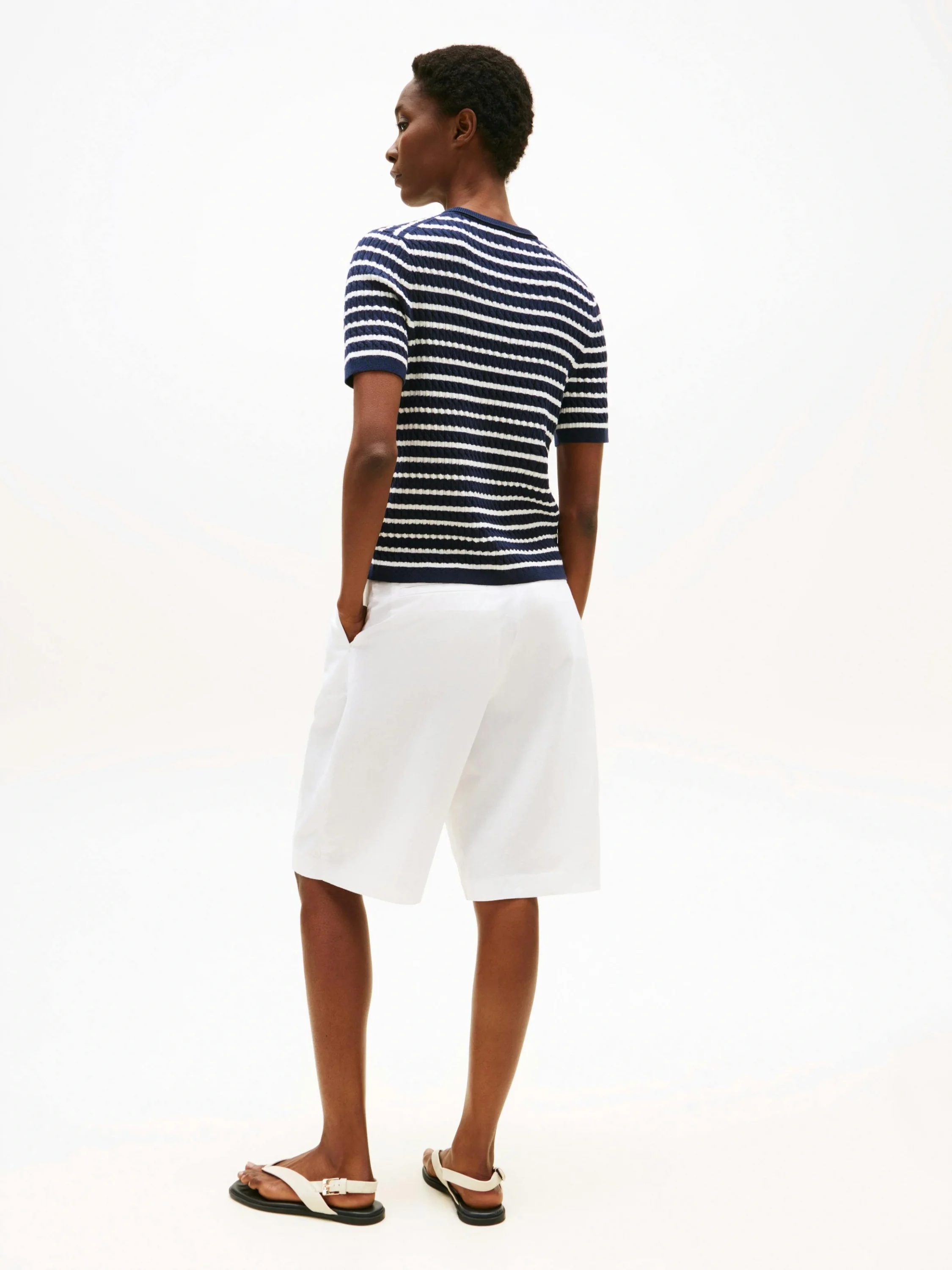 Tommy Hilfiger Kadın Pamuklu İnce Örgü Kısa Kollu Bisiklet Yaka Mavi Kazak WW0WW457070BB