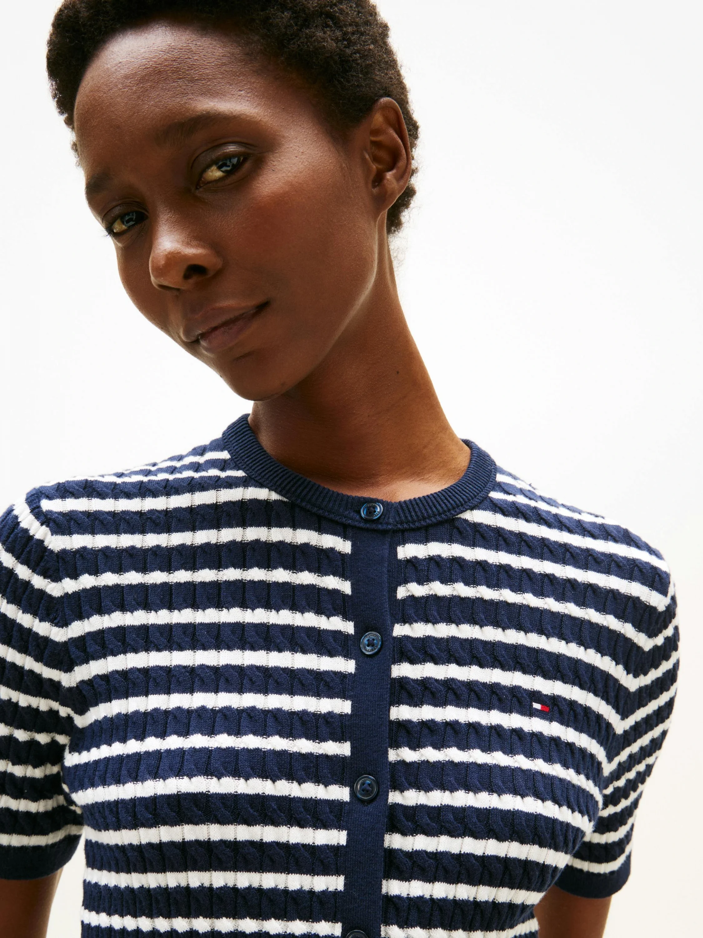 Tommy Hilfiger Kadın Pamuklu İnce Örgü Kısa Kollu Bisiklet Yaka Mavi Kazak WW0WW457070BB