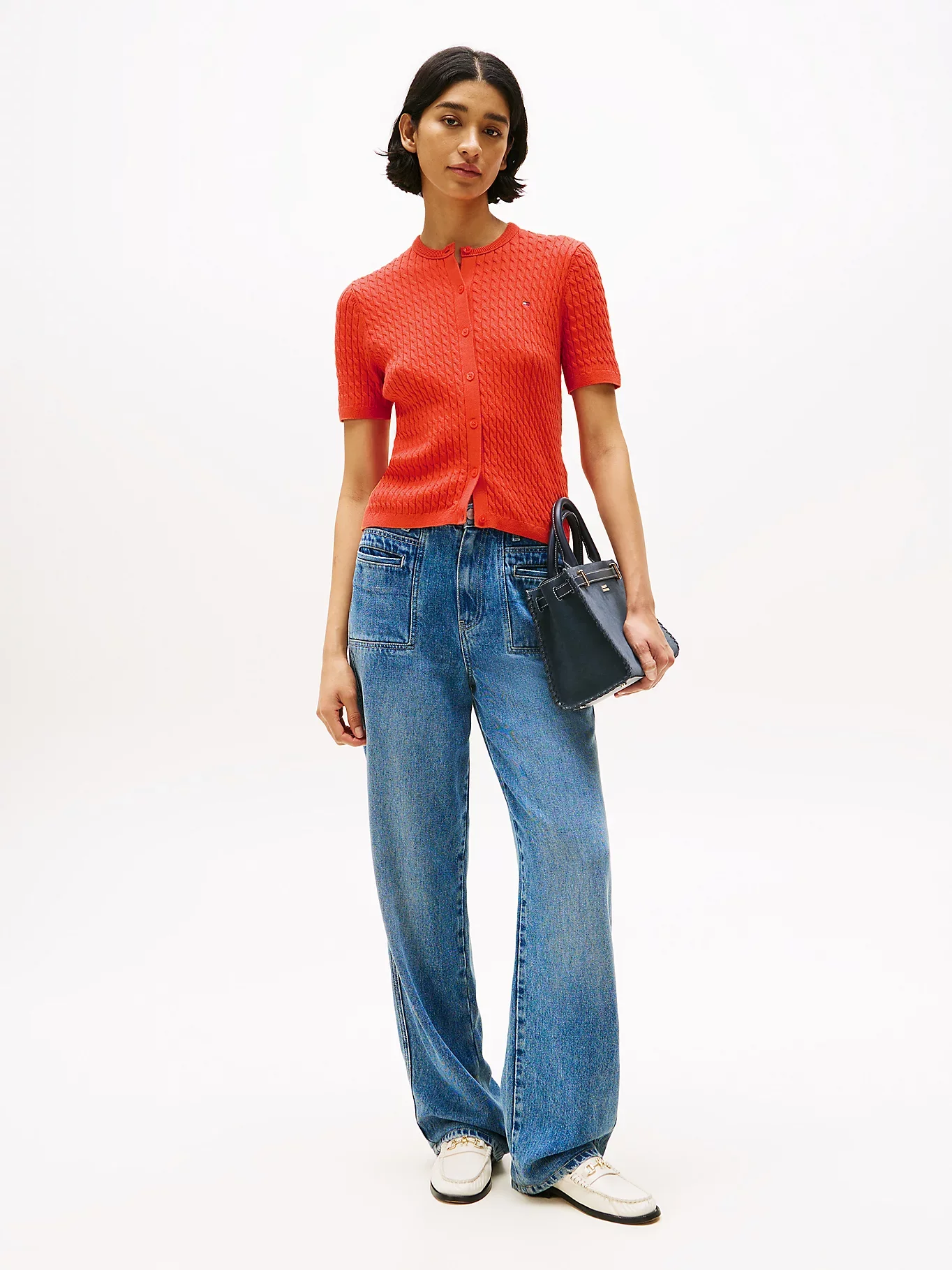 Tommy Hilfiger Kadın Pamuklu İnce Örgü Kısa Kollu Bisiklet Yaka Turuncu Kazak WW0WW45707SCX