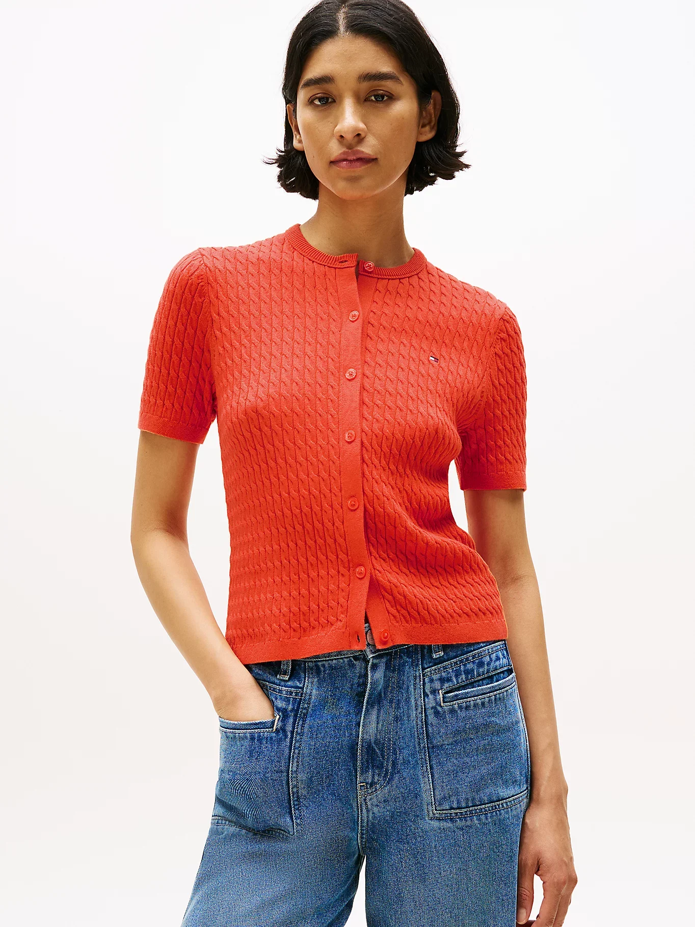 Tommy Hilfiger Kadın Pamuklu İnce Örgü Kısa Kollu Bisiklet Yaka Turuncu Kazak WW0WW45707SCX