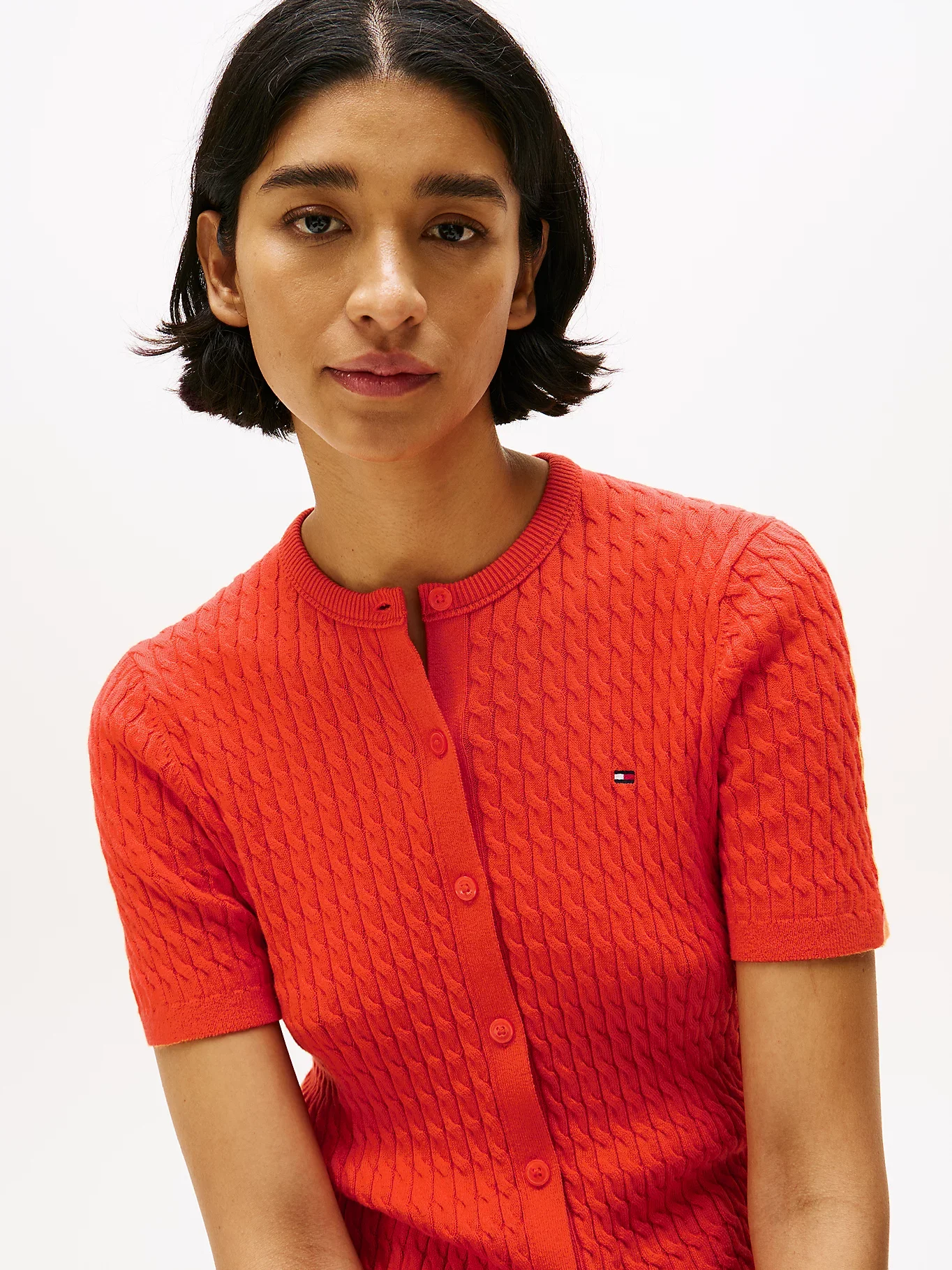 Tommy Hilfiger Kadın Pamuklu İnce Örgü Kısa Kollu Bisiklet Yaka Turuncu Kazak WW0WW45707SCX