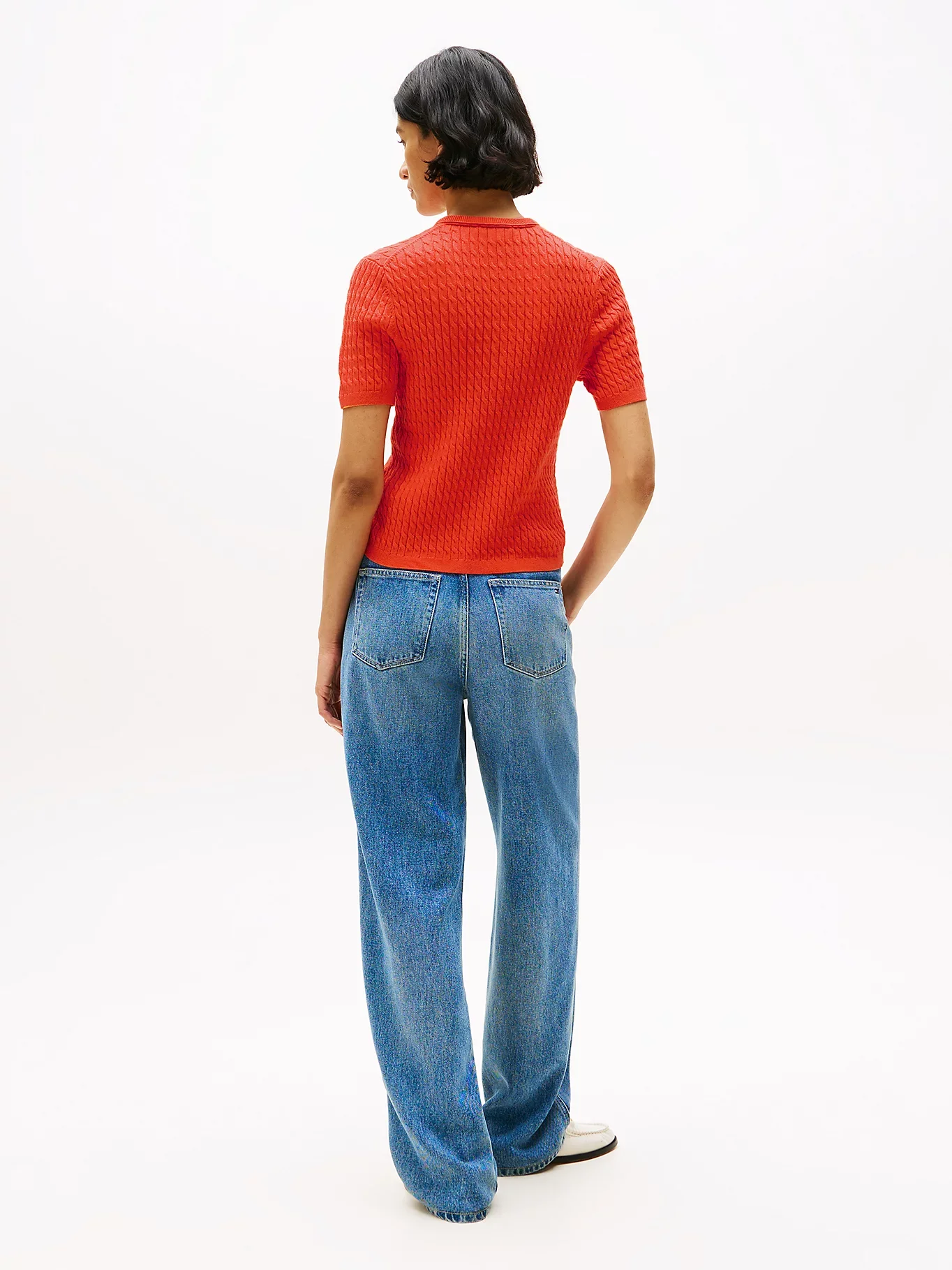 Tommy Hilfiger Kadın Pamuklu İnce Örgü Kısa Kollu Bisiklet Yaka Turuncu Kazak WW0WW45707SCX